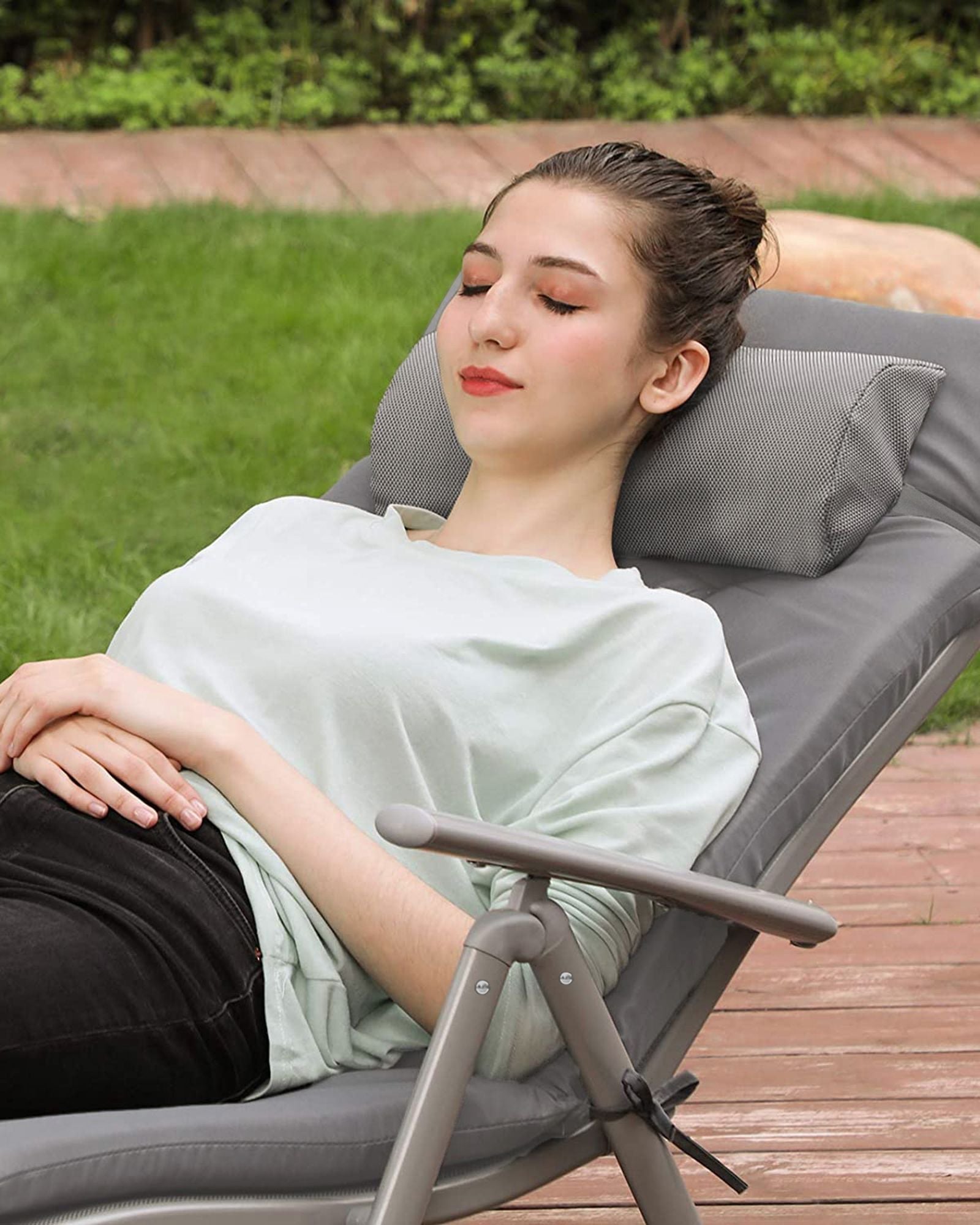 Foldable Sun Lounger - Aluminium - Comfortable Grey - Adjustable with Removable Pillow and 6 cm Thick Mattress