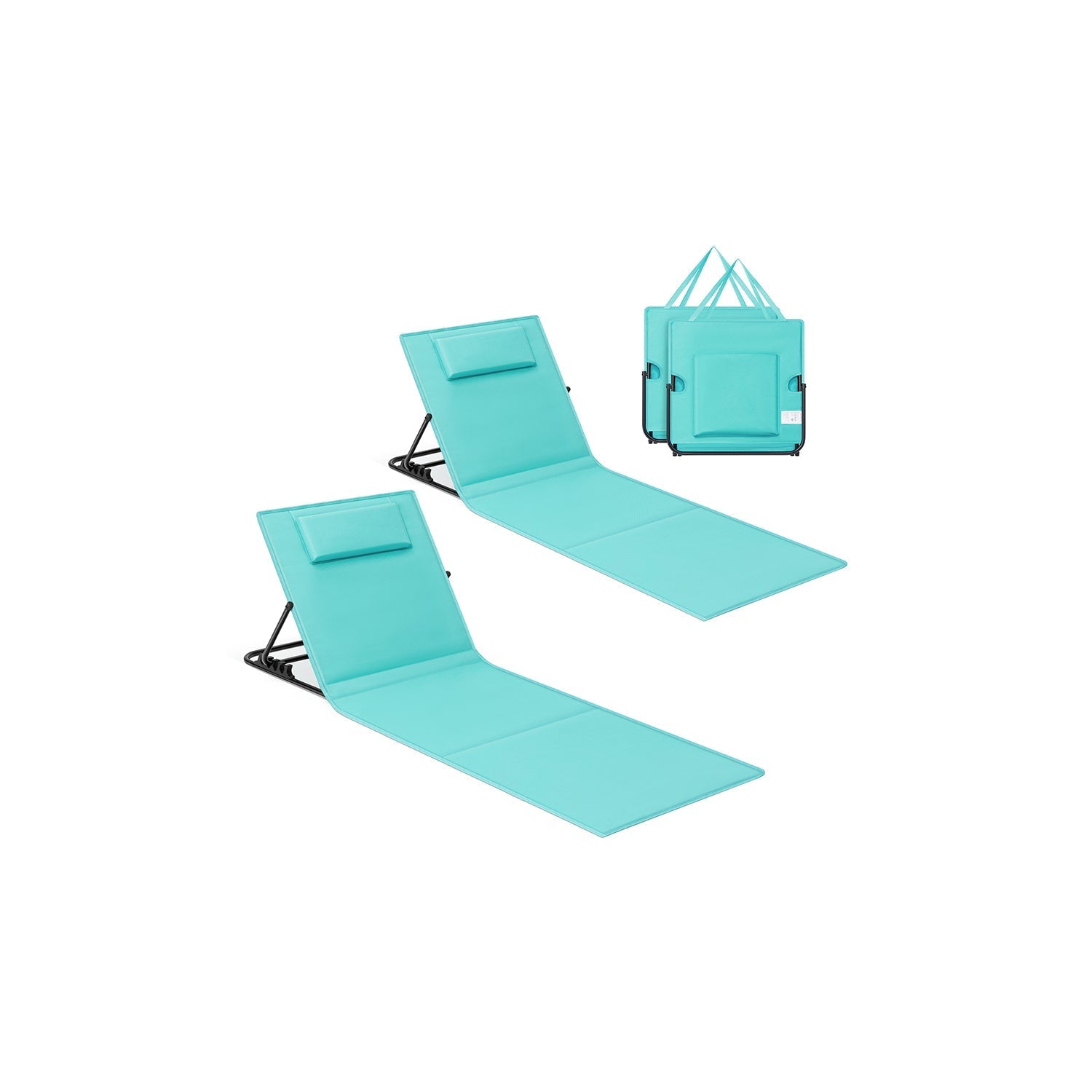 Folding Beach Sunloungers - Fabric - Lake Blue - Set of 2 with Reclining Backrest and Portable Design