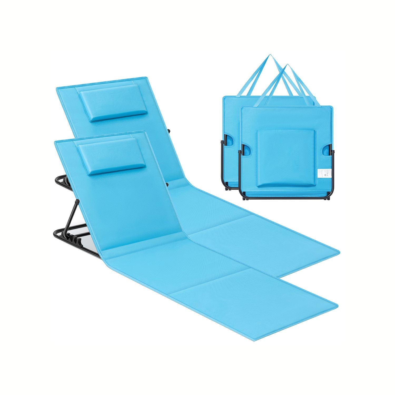 Set of 2 Portable Folding Beach Sunloungers - Fabric - Sky Blue - Lightweight with Reclining Backrest and Handle