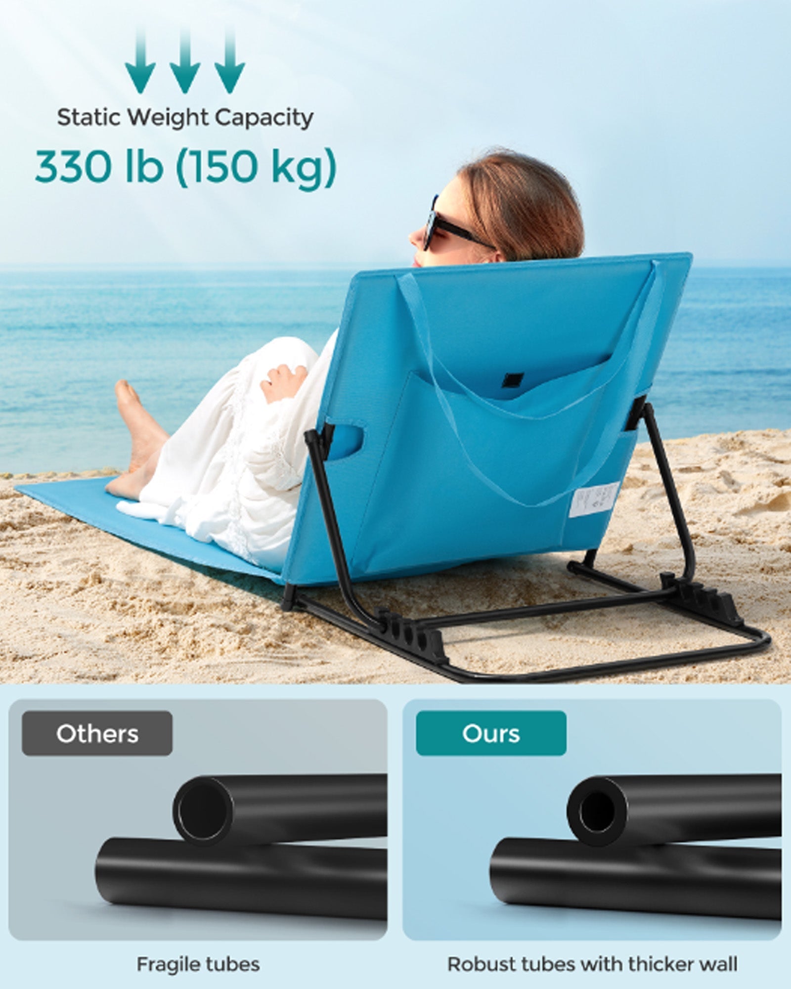 Set of 2 Portable Folding Beach Sunloungers - Fabric - Sky Blue - Lightweight with Reclining Backrest and Handle