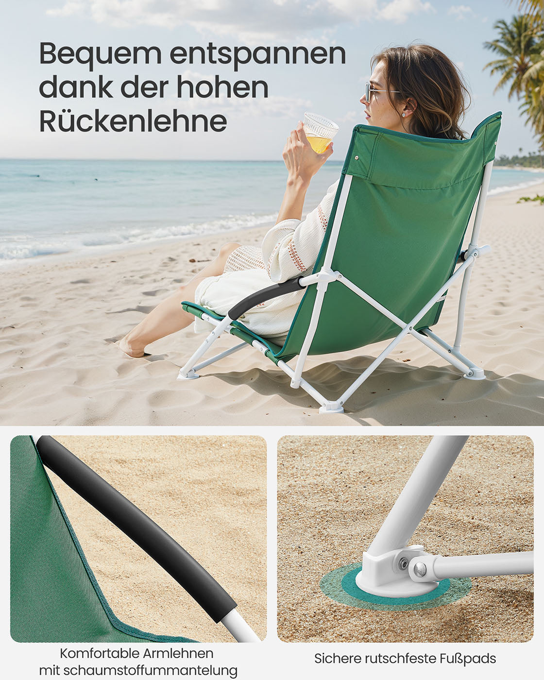 Foldable Beach Chair - 600D Oxford Fabric - Green - 140 kg Load Capacity
