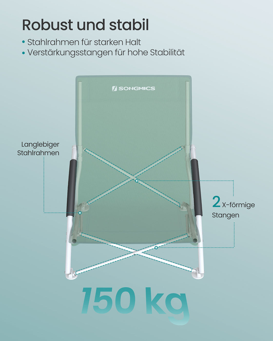 Foldable Beach Chair - 600D Oxford Fabric - Green - 140 kg Load Capacity