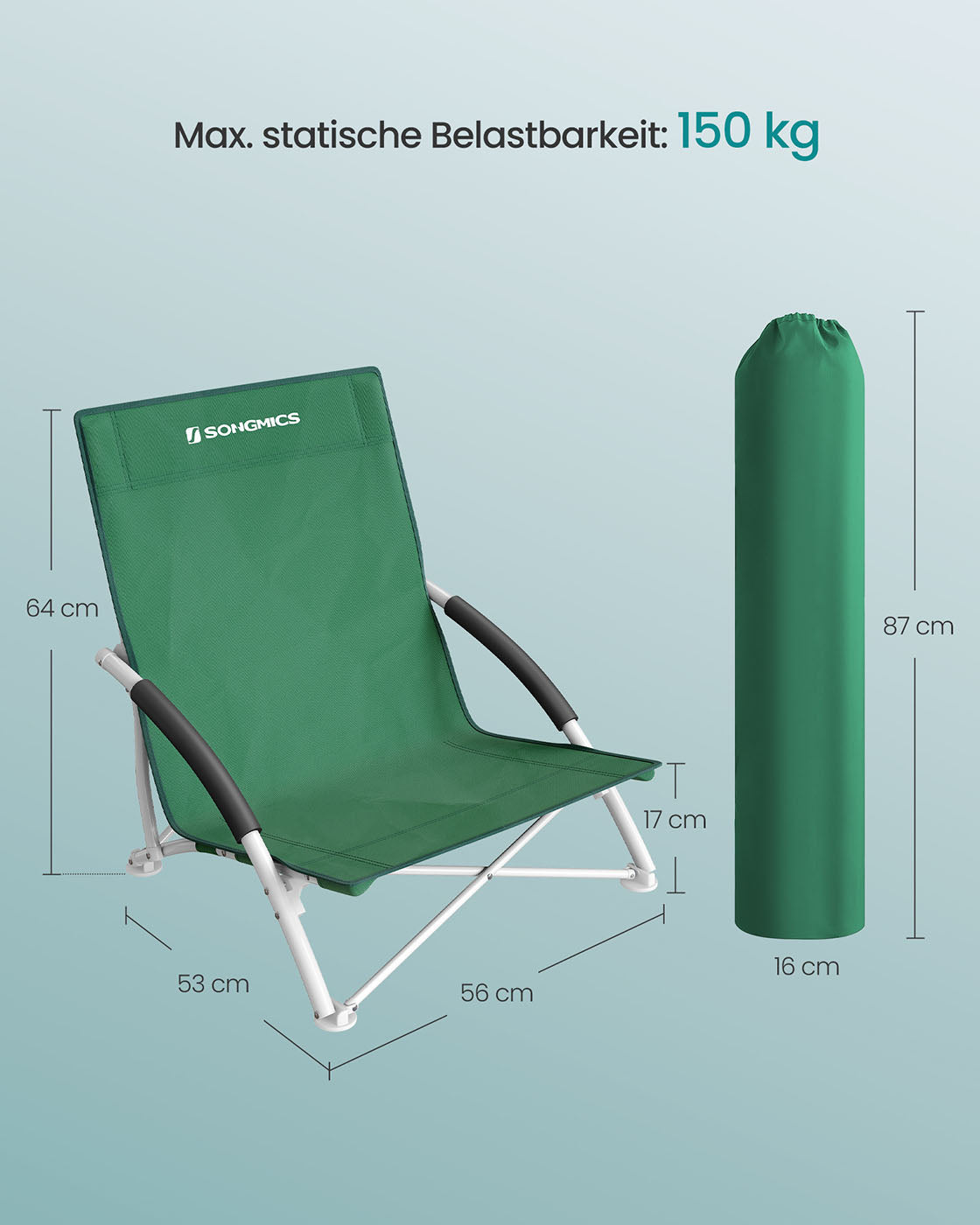 Foldable Beach Chair - 600D Oxford Fabric - Green - 140 kg Load Capacity