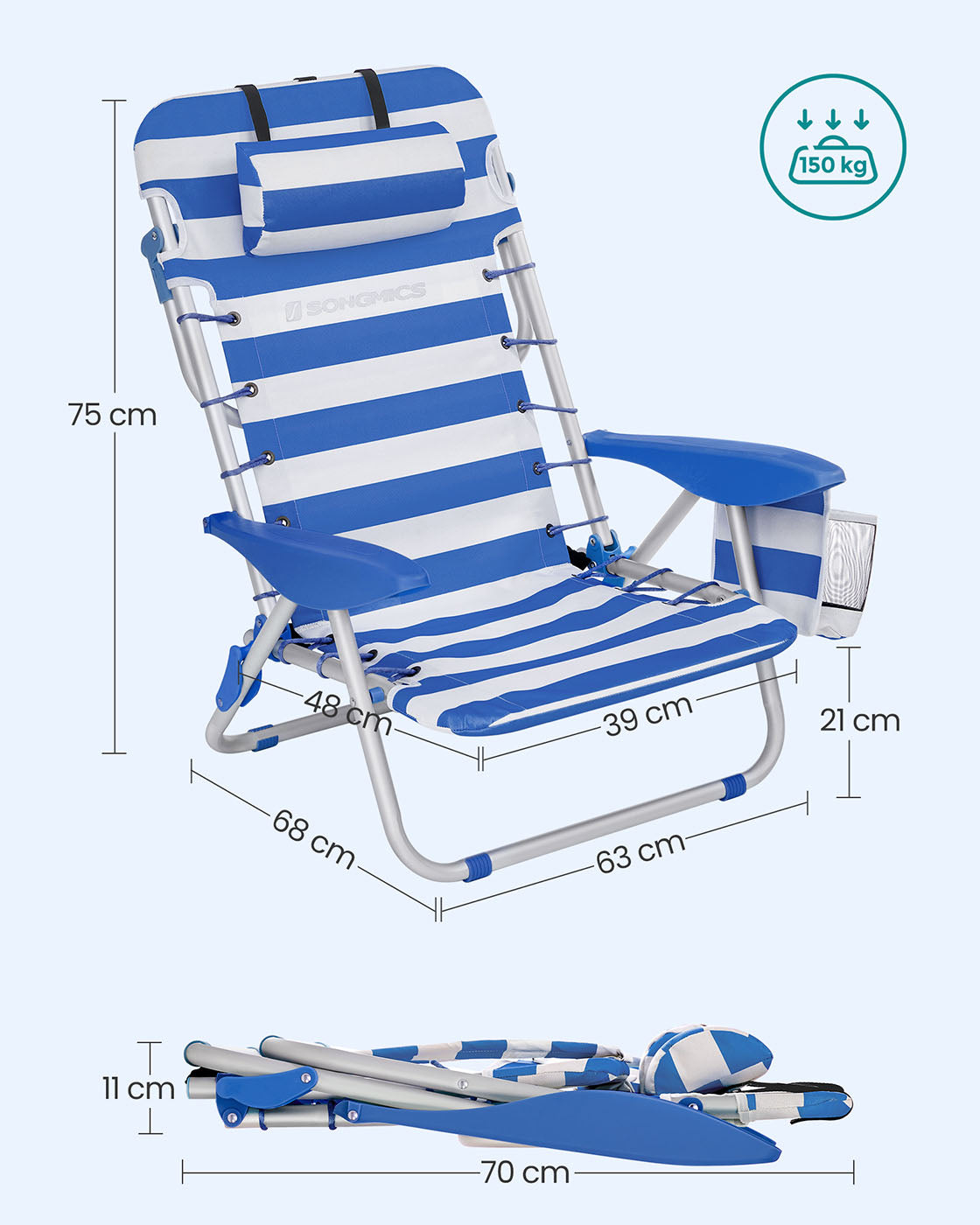 Beach Chair - Aluminium - Blue and White Stripes - Portable
