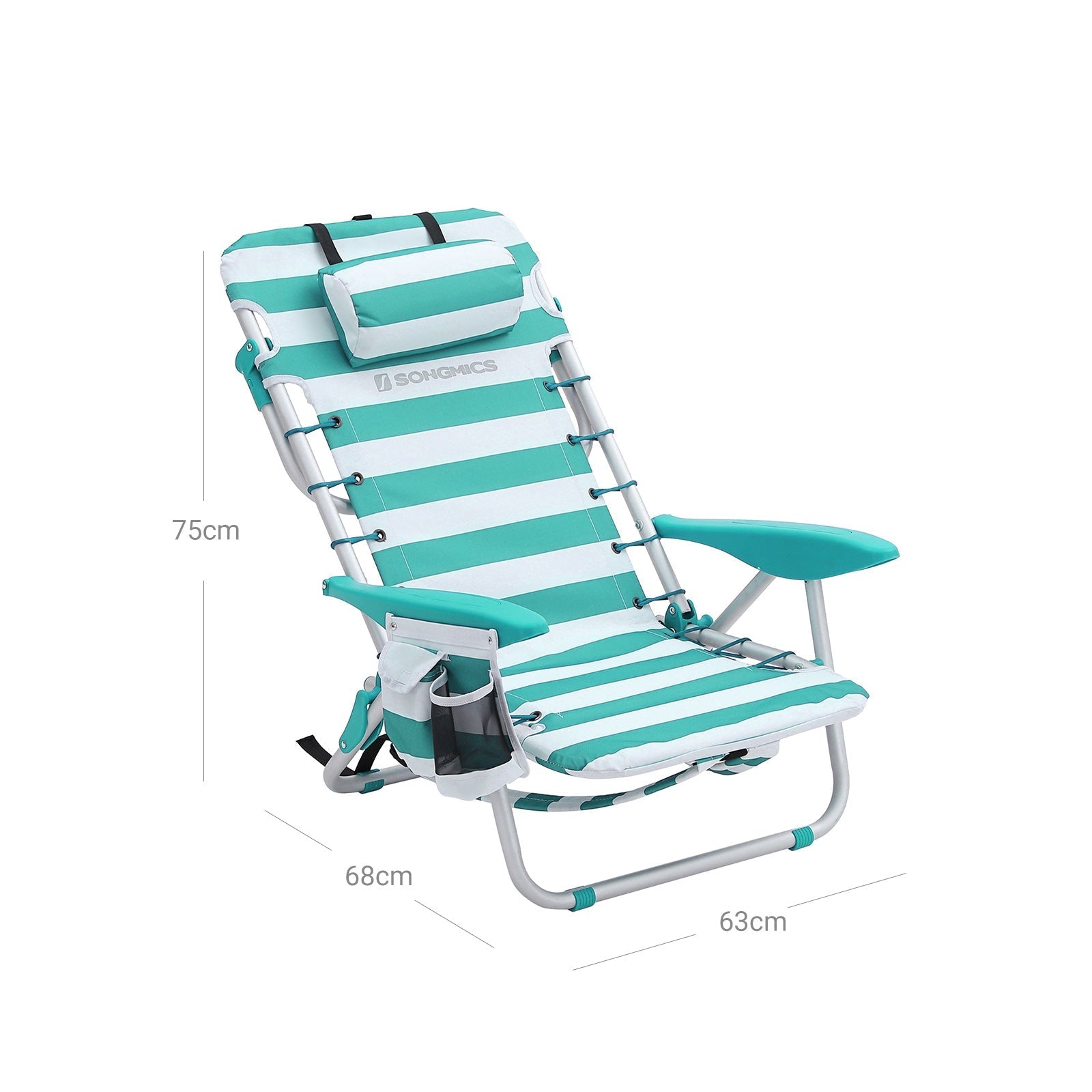 Portable Beach Chair - Aluminium - Blue and White Stripes - Foldable and Reclining with Headrest