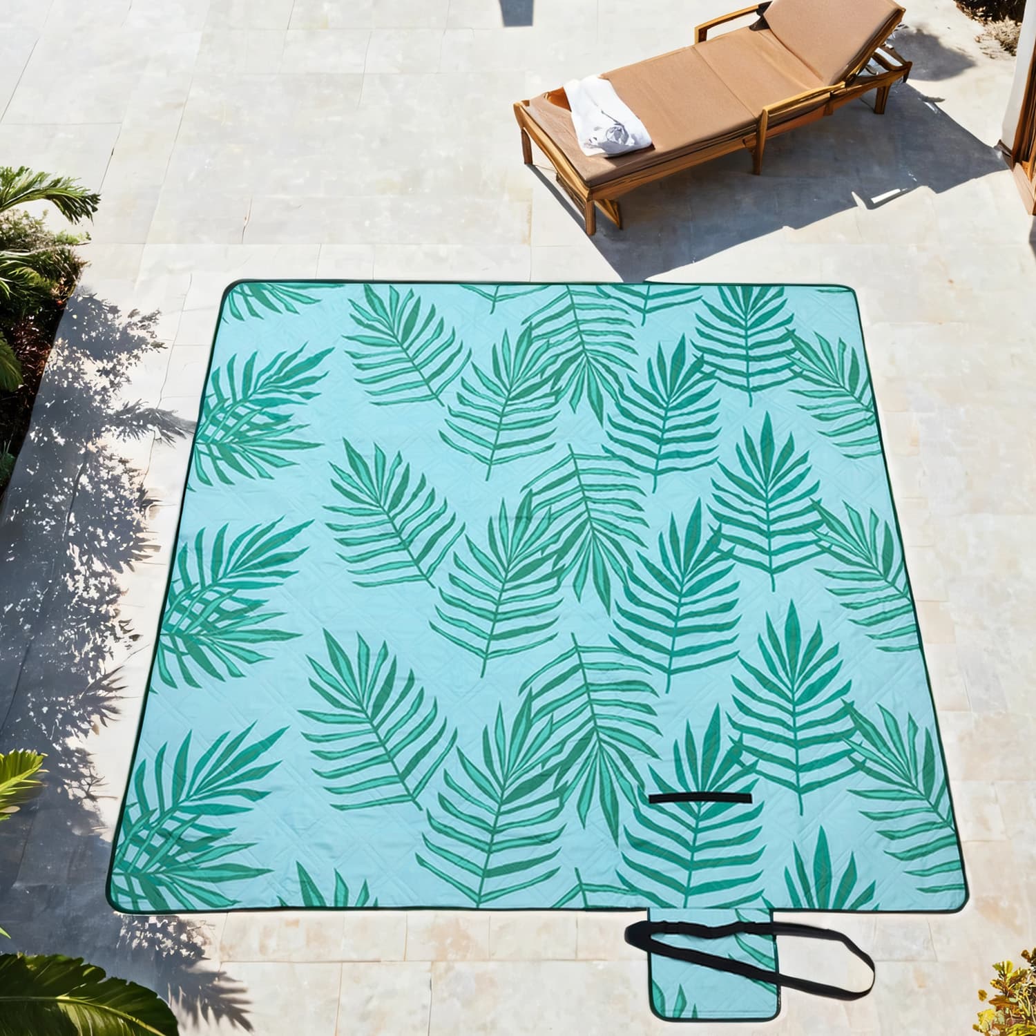 Large Waterproof Picnic Blanket - Fabric - Fern and Blue - Machine Washable and Foldable