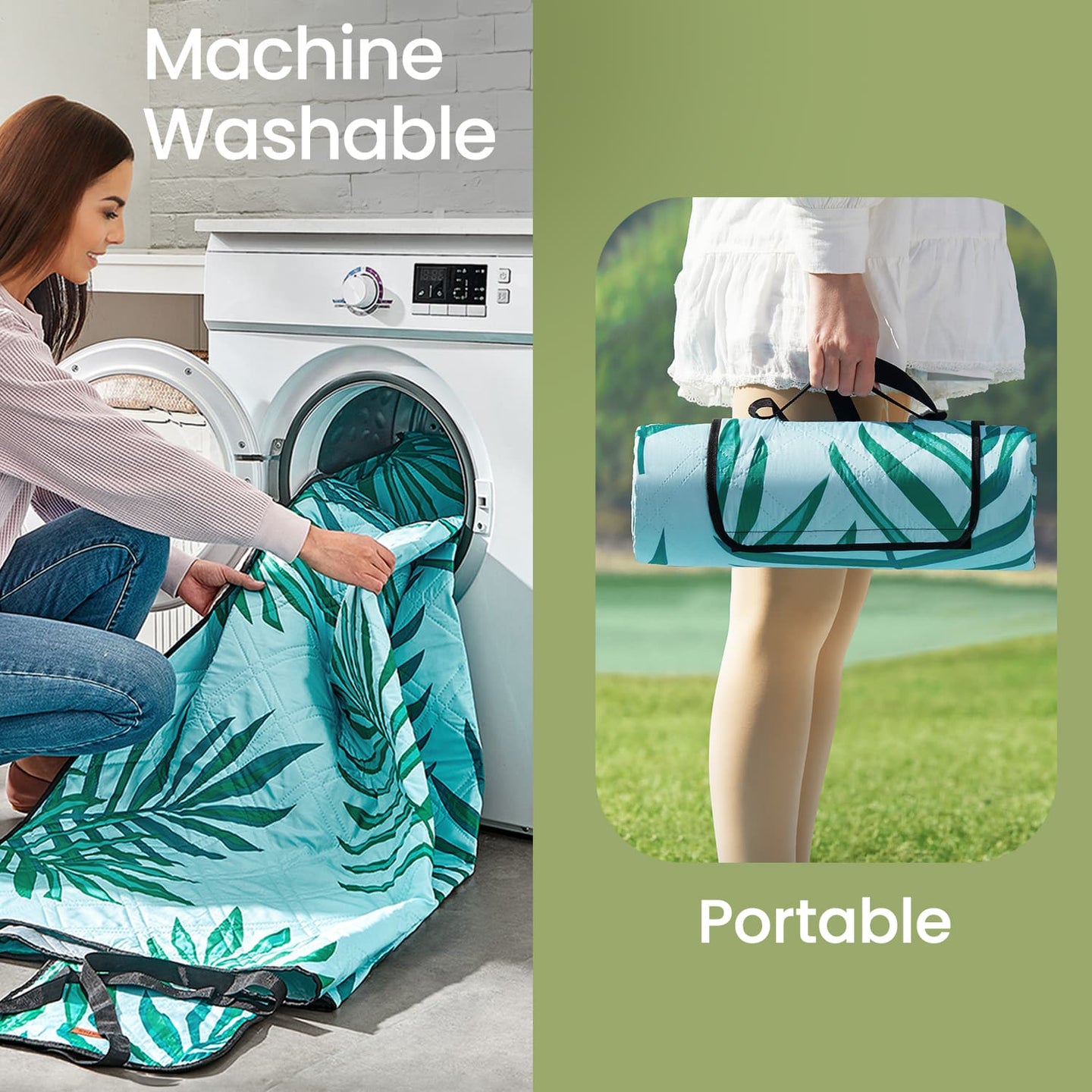 Large Waterproof Picnic Blanket - Fabric - Fern and Blue - Machine Washable and Foldable