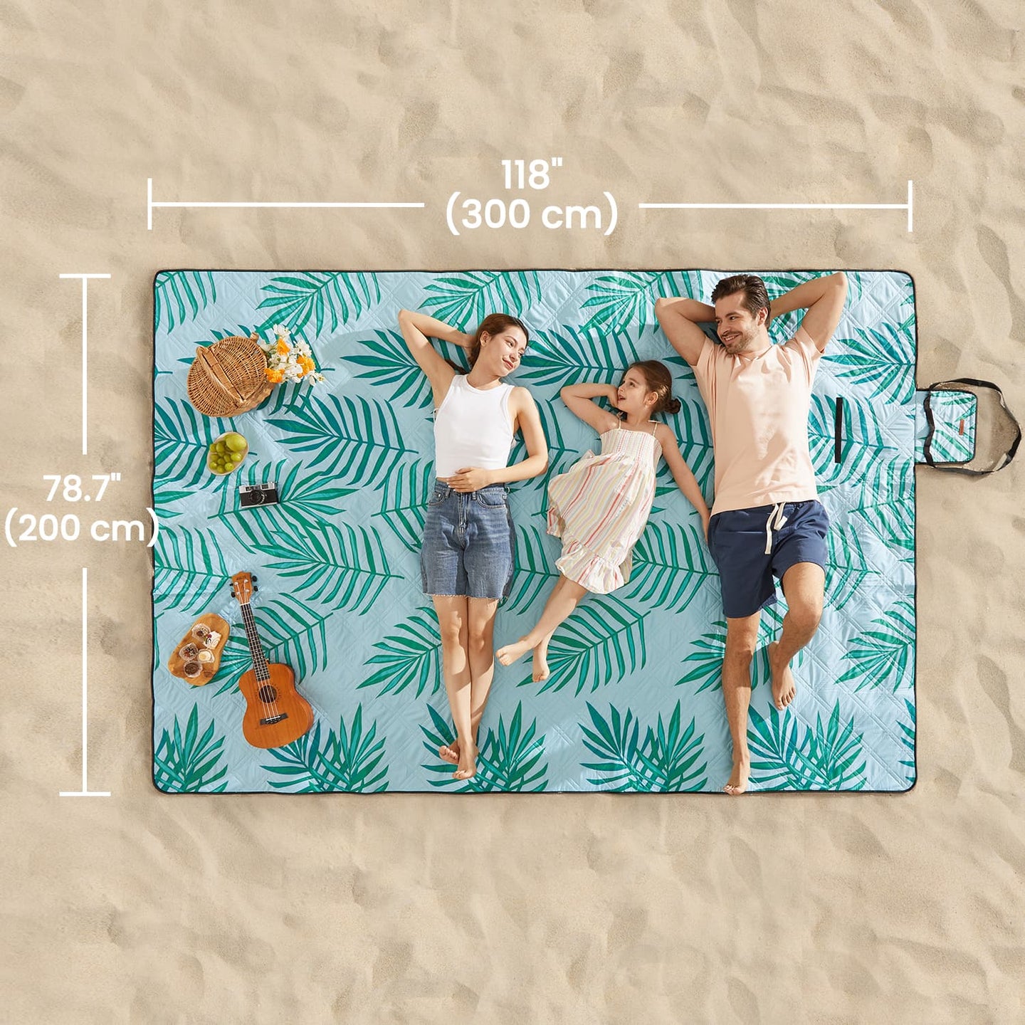 Large Waterproof Picnic Blanket - Fabric - Fern and Blue - Machine Washable and Foldable