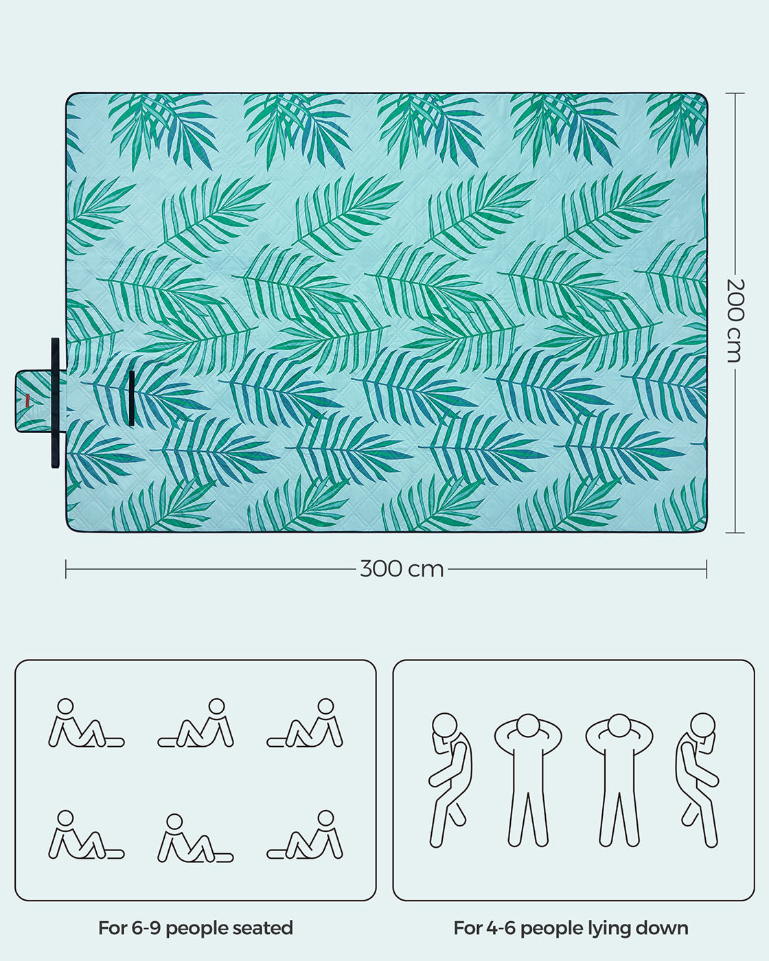 Foldable Picnic Mat - Large 200 x 200 cm - Blue with Fern Pattern - Waterproof