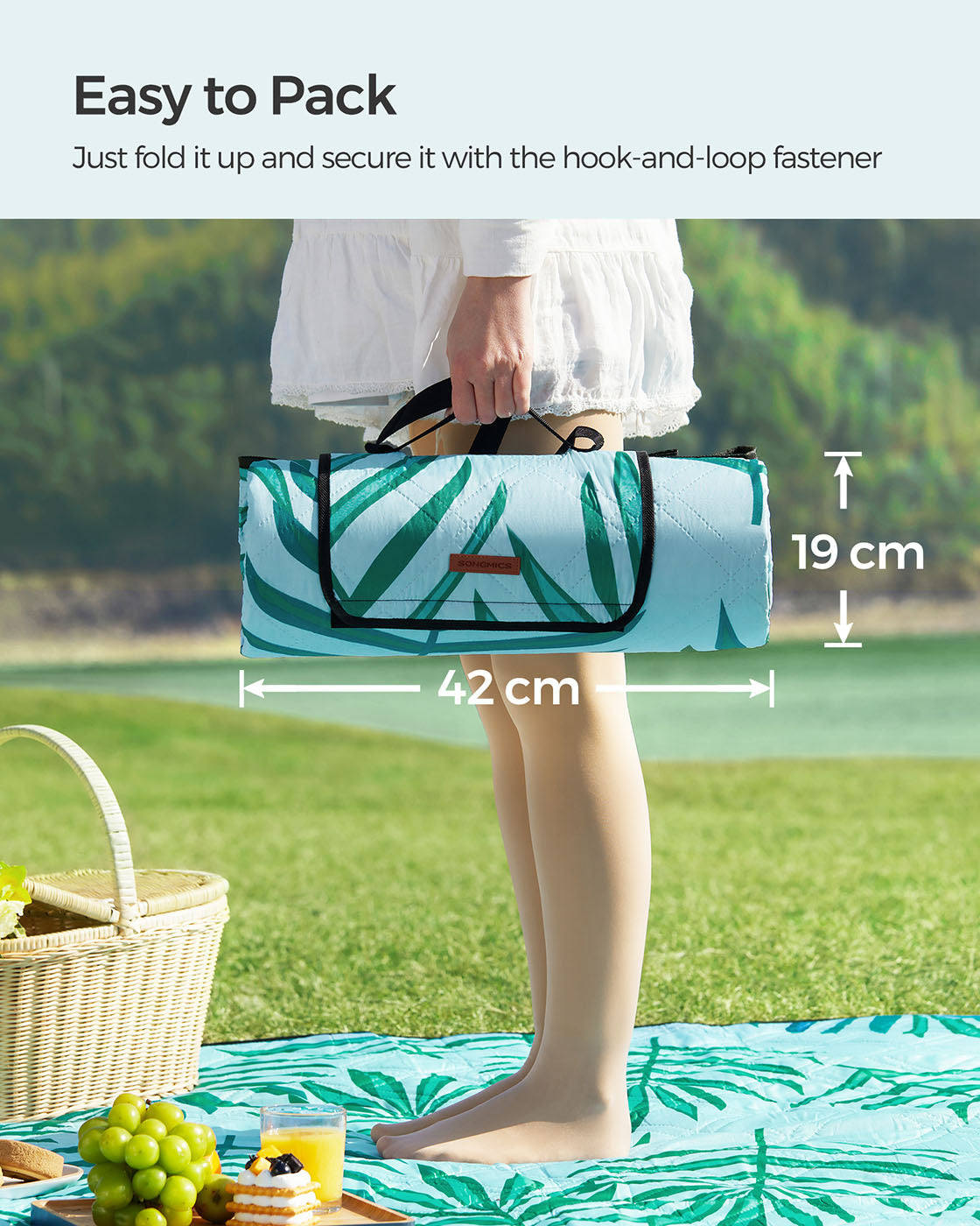 Foldable Picnic Mat - Large 200 x 200 cm - Blue with Fern Pattern - Waterproof