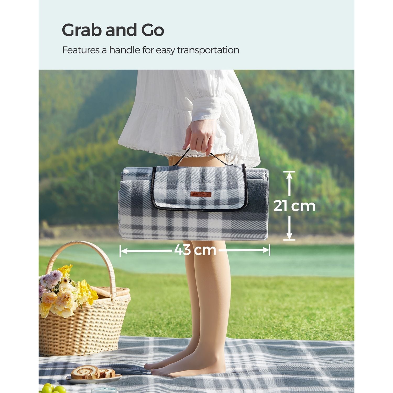 Picnic Blanket - Fabric - Grey and White - Extra Large 300 x 200 cm