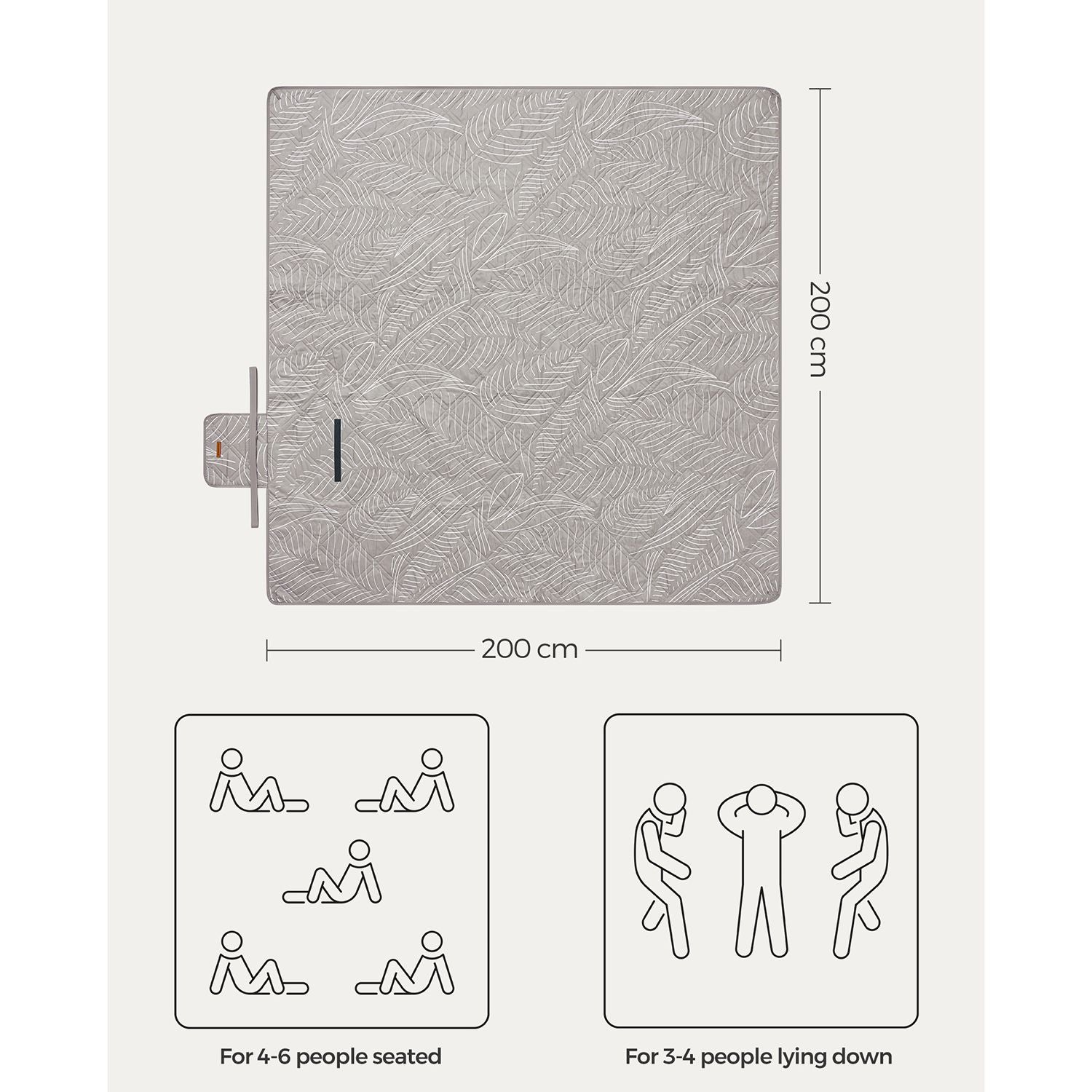 Picnic Blanket - Large 200 x 200 cm - Fabric - Khaki with Leaf Pattern - Weather-Resistant Design