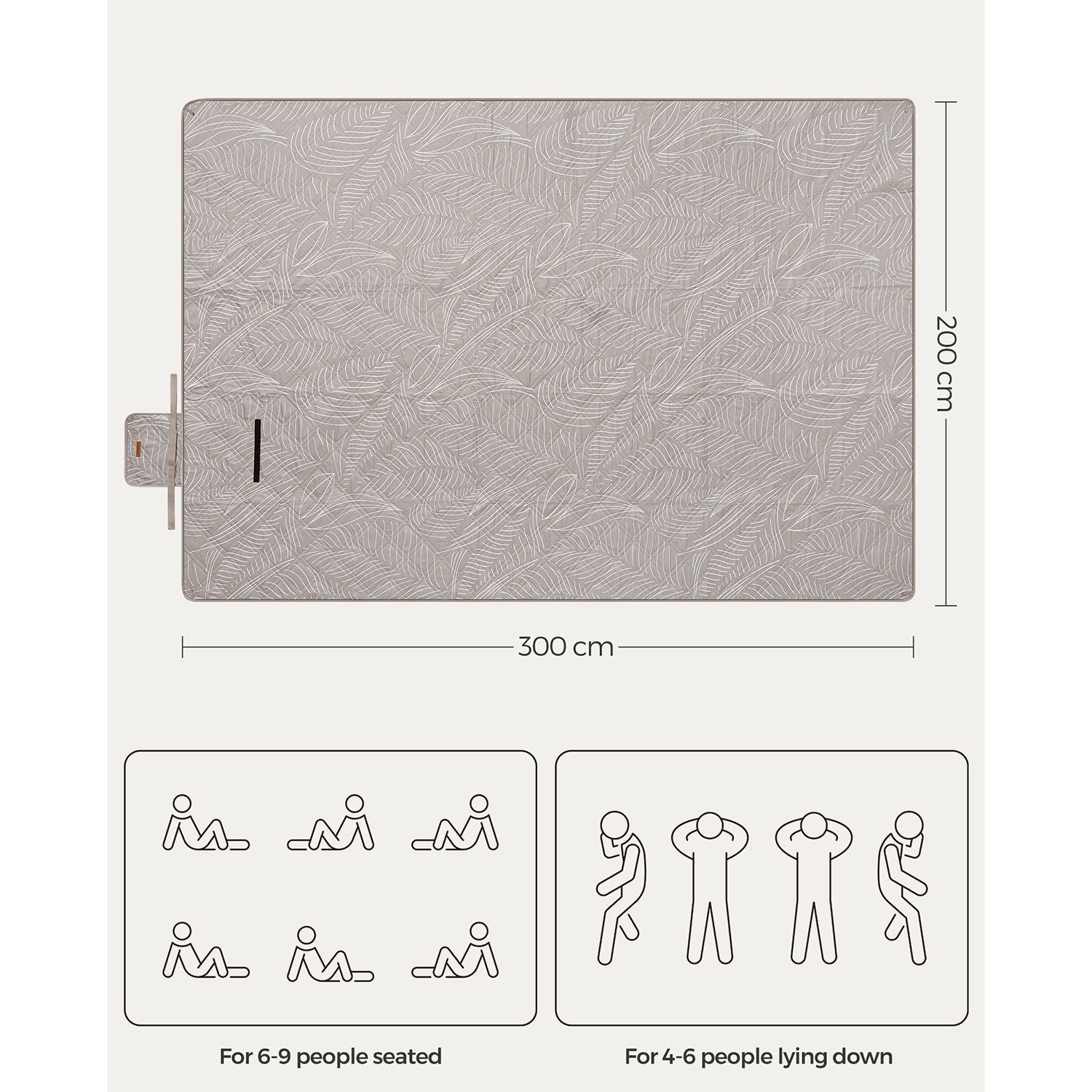 Picnic Blanket - 300 x 200 cm - Fabric - Khaki with Leaf Pattern - Easy to Carry and Store