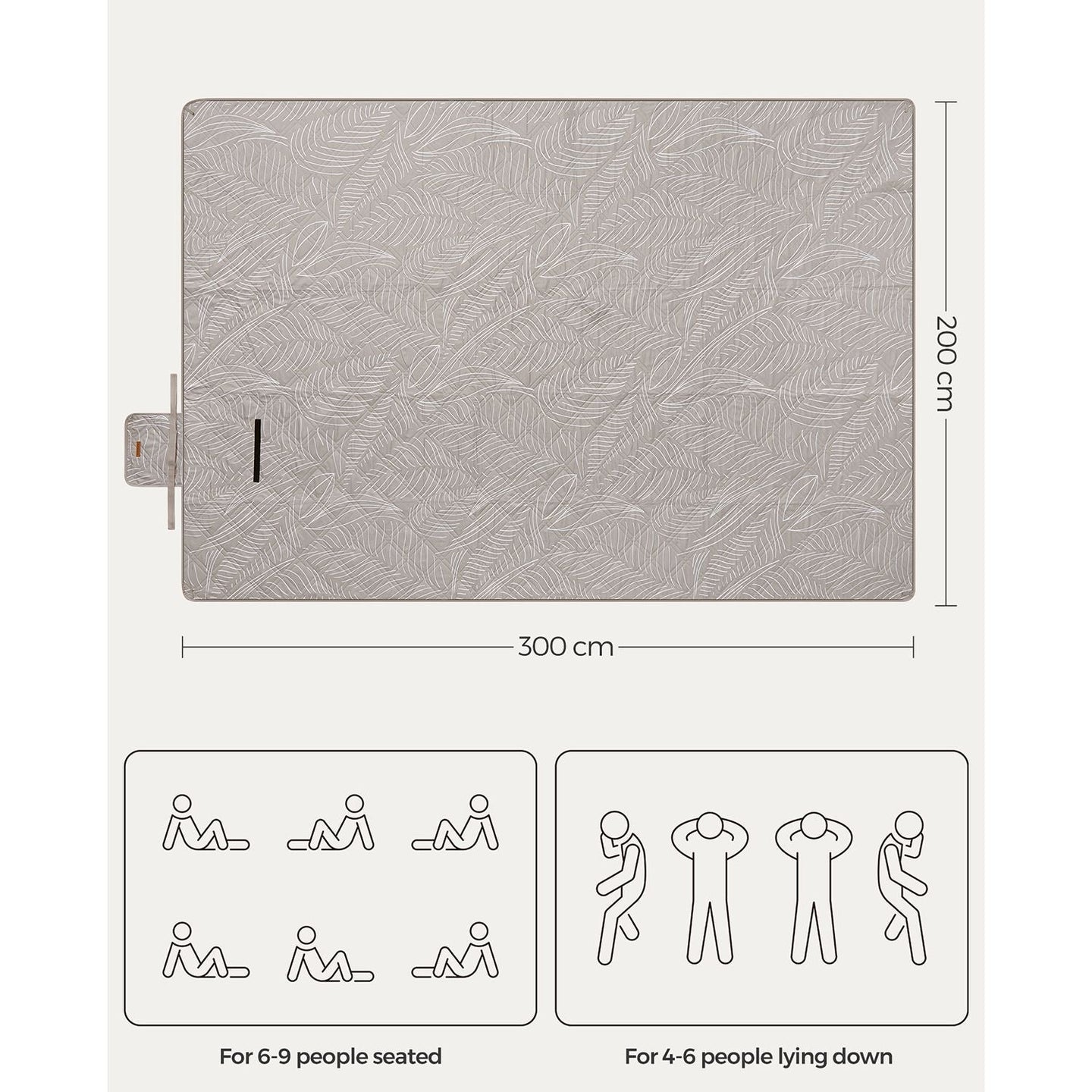 Picnic Blanket - 300 x 200 cm - Fabric - Khaki with Leaf Pattern - Easy to Carry and Store