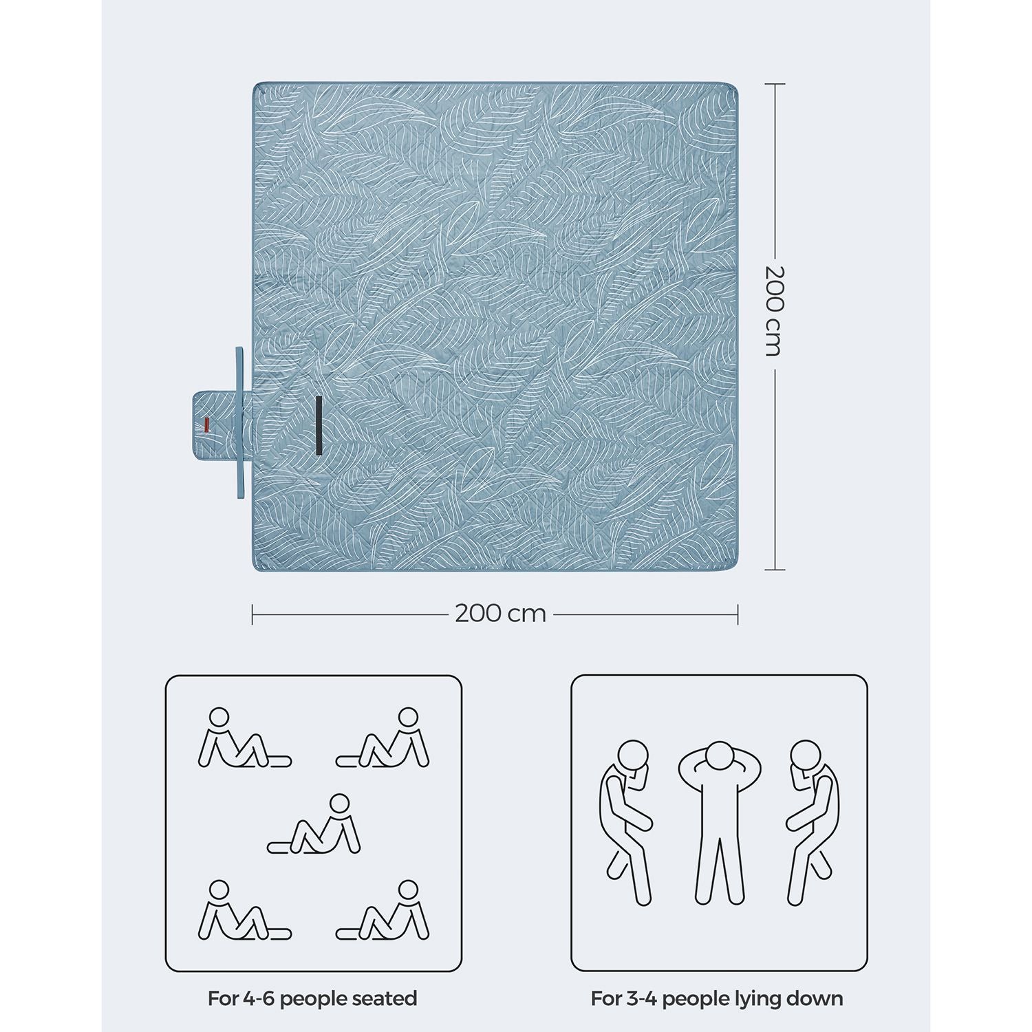 Picnic Blanket - Fabric - Blue with Leaf Pattern - Extra Large 200 x 200 cm