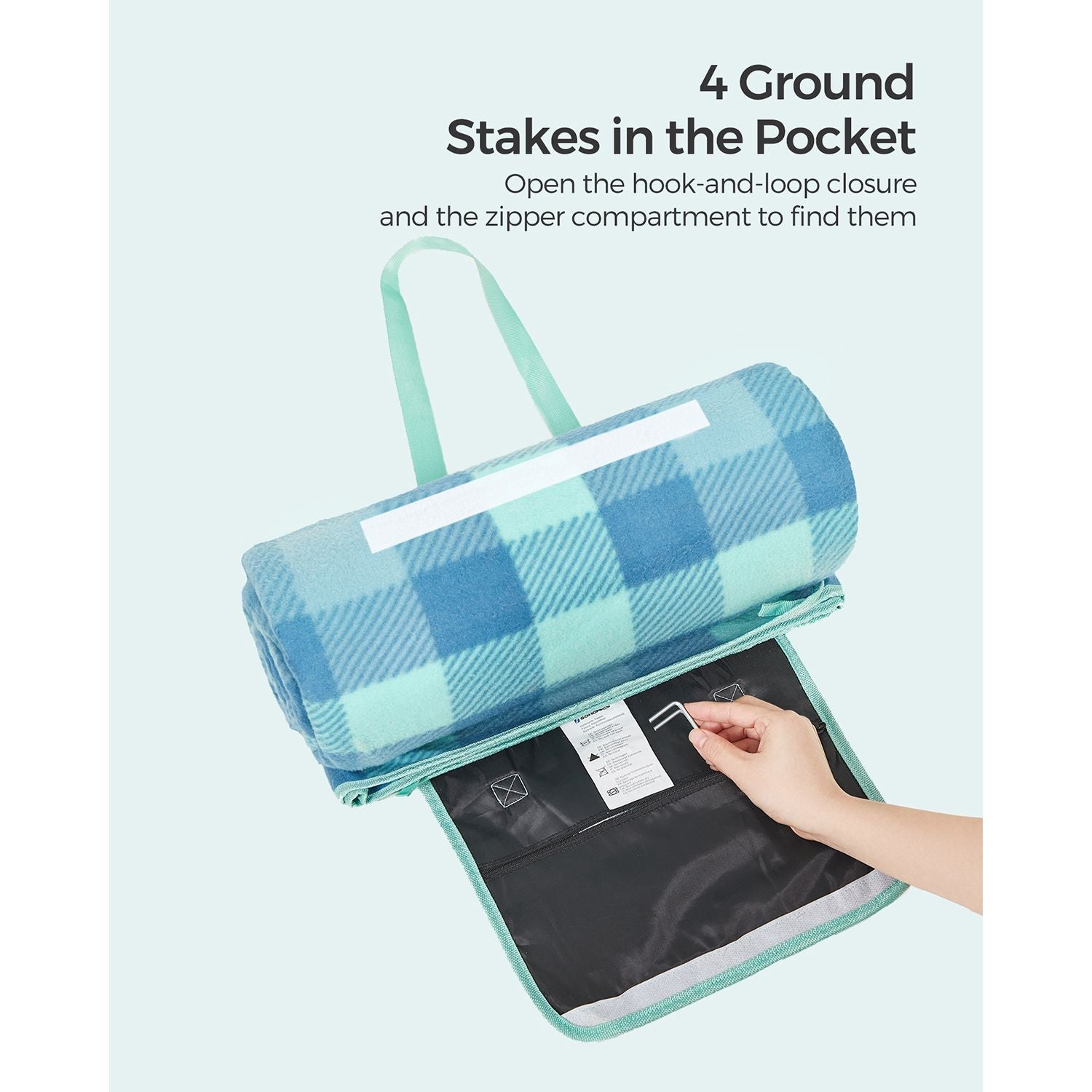 Picnic Blanket - Waterproof Fabric - Green and Blue - Portable and Foldable with 4 Blow-Away Prevention Pegs