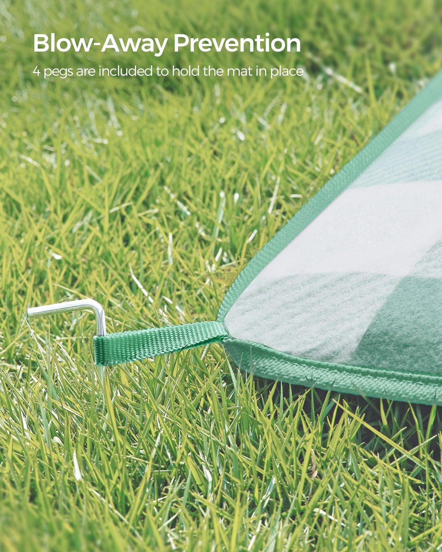 Picnic Blanket - Waterproof Fabric - Green and White - Large 200 x 200 cm with Blow-Away Prevention Pegs
