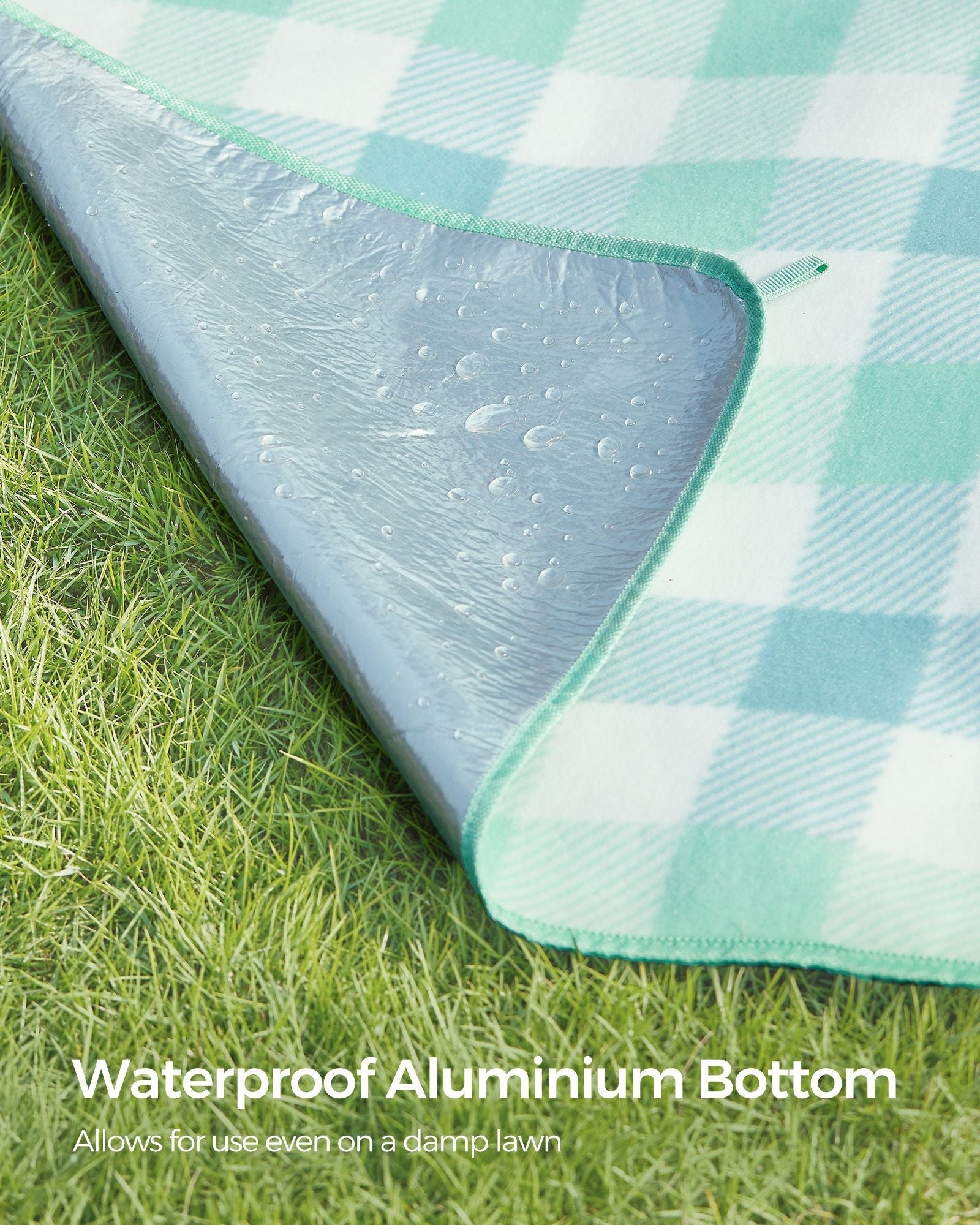 Picnic Blanket - Waterproof Fabric - Green and White - Large 200 x 200 cm with Blow-Away Prevention Pegs