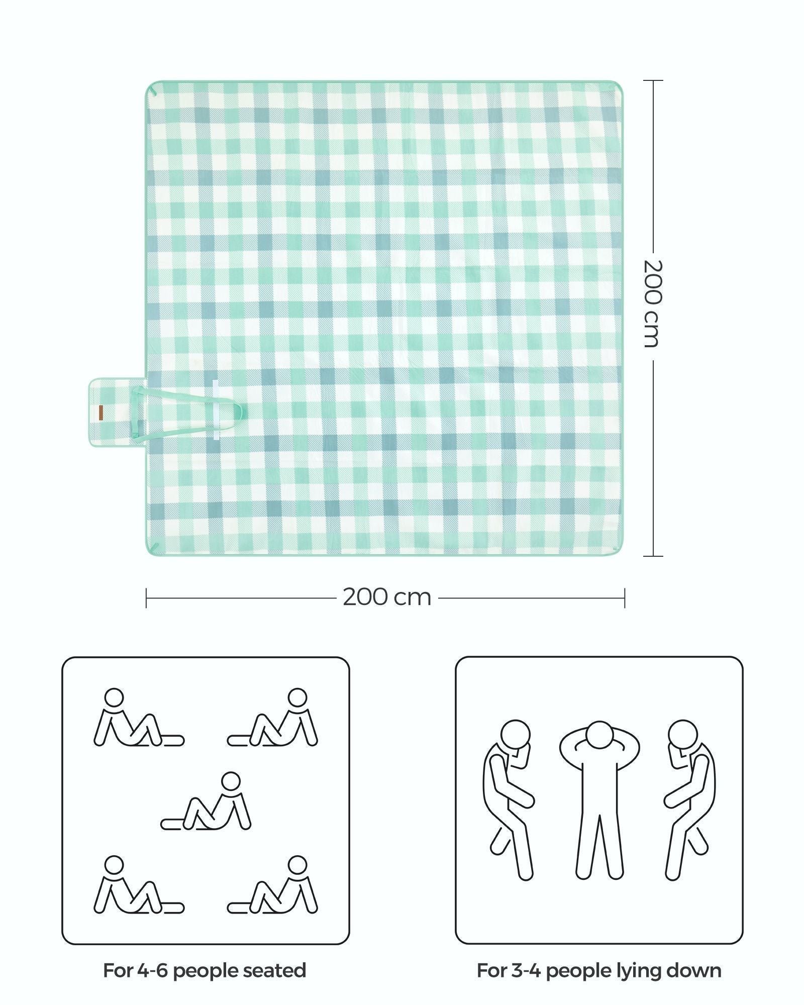 Picnic Blanket - Waterproof Fabric - Green and White - Large 200 x 200 cm with Blow-Away Prevention Pegs
