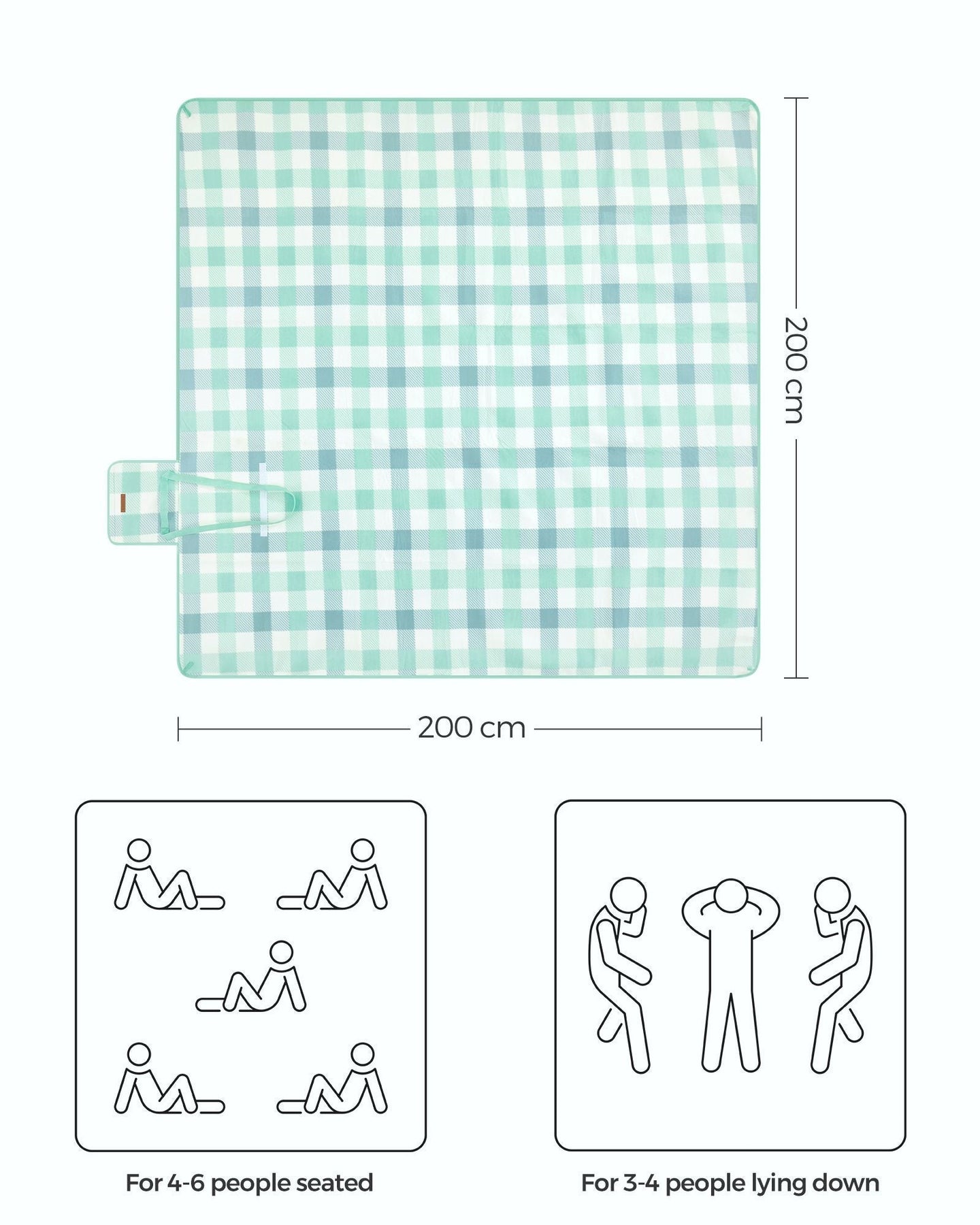 Picnic Blanket - Waterproof Fabric - Green and White - Large 200 x 200 cm with Blow-Away Prevention Pegs