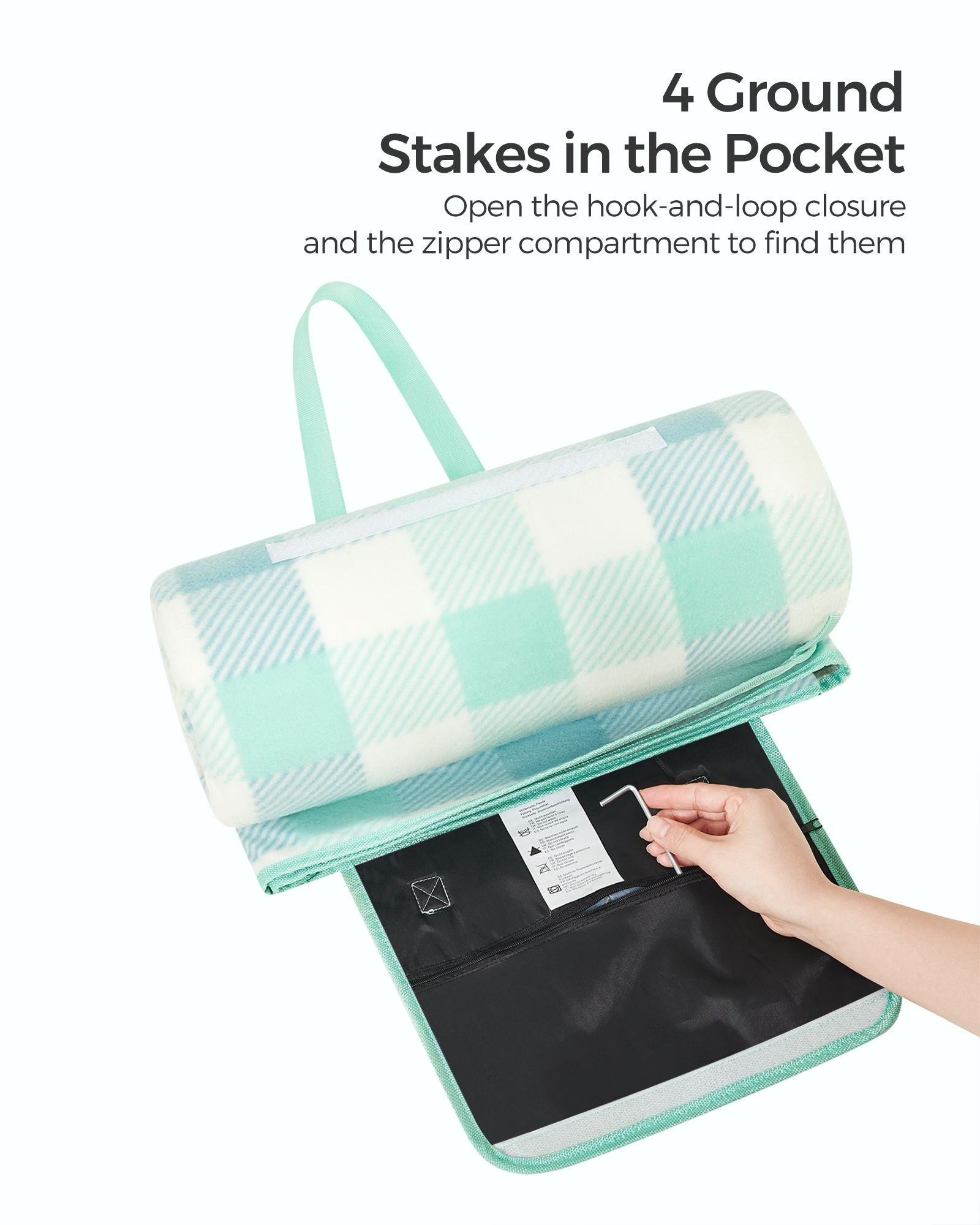 Picnic Blanket - Waterproof Fabric - Green and White - Large 200 x 200 cm with Blow-Away Prevention Pegs