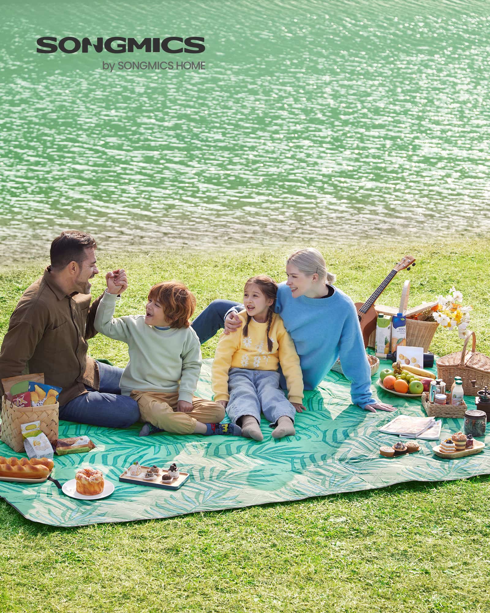 Large Waterproof Picnic Blanket - Fabric - Fern Pattern and Green - Machine Washable and Foldable