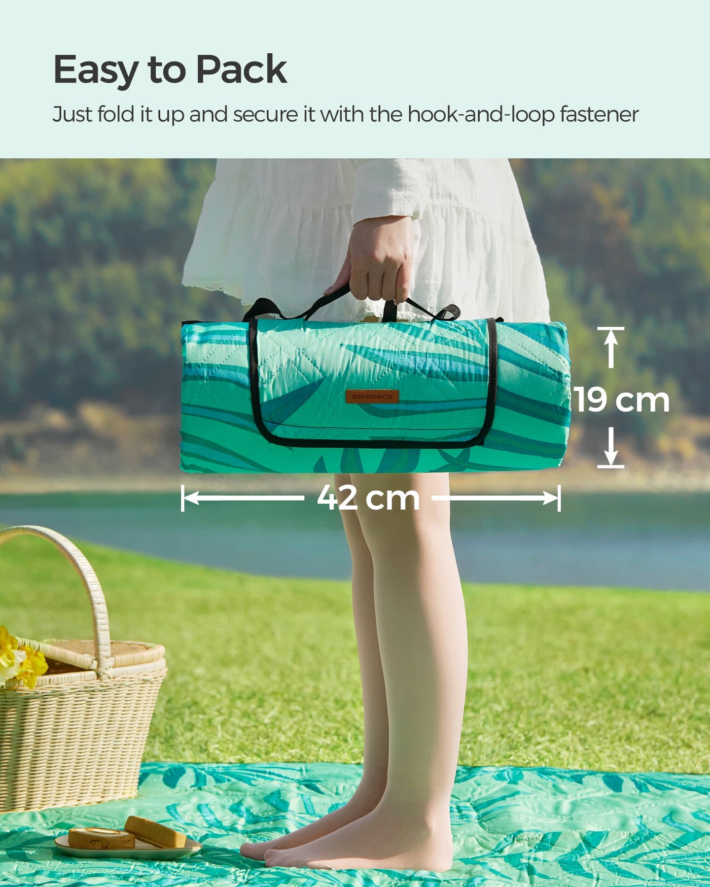 Large Waterproof Picnic Blanket - Fabric - Fern Pattern and Green - Machine Washable and Foldable