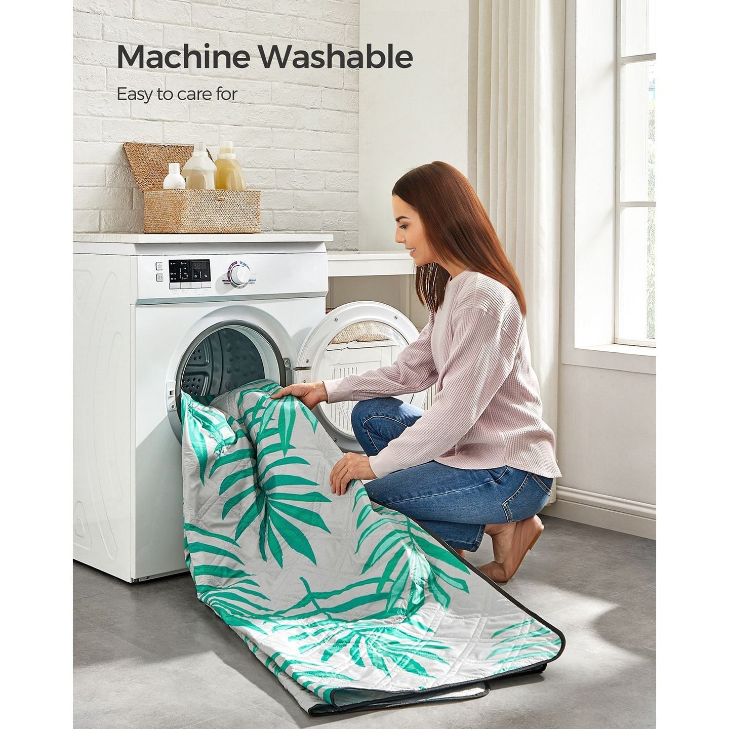 Large Waterproof Picnic Blanket - Fabric - Fern Pattern and Grey - Foldable and Machine Washable
