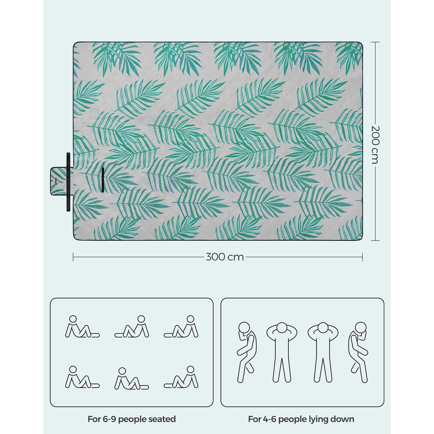 Large Waterproof Picnic Blanket - Fabric - Fern Pattern and Grey - Foldable and Machine Washable
