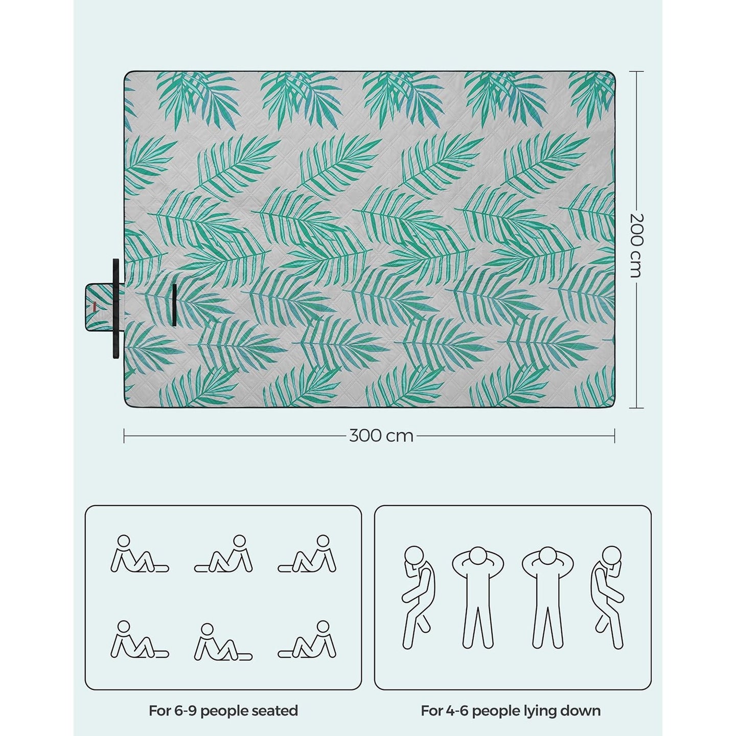 Large Waterproof Picnic Blanket - Fabric - Fern Pattern and Grey - Foldable and Machine Washable