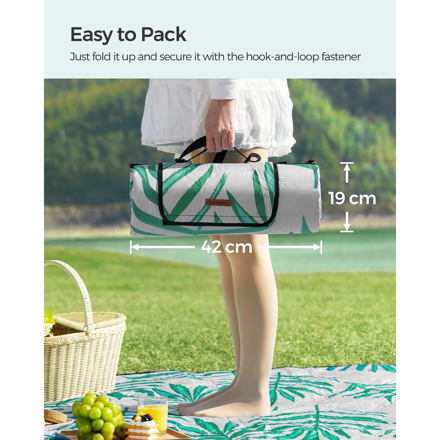 Large Waterproof Picnic Blanket - Fabric - Fern Pattern and Grey - Foldable and Machine Washable