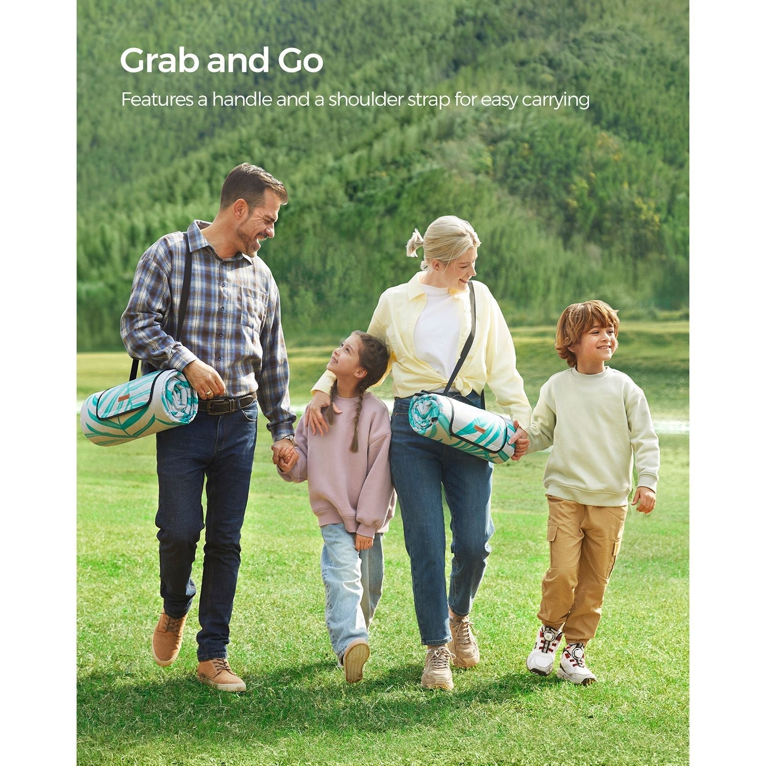 Large Waterproof Picnic Blanket - Fabric - Fern Pattern and Grey - Foldable and Machine Washable