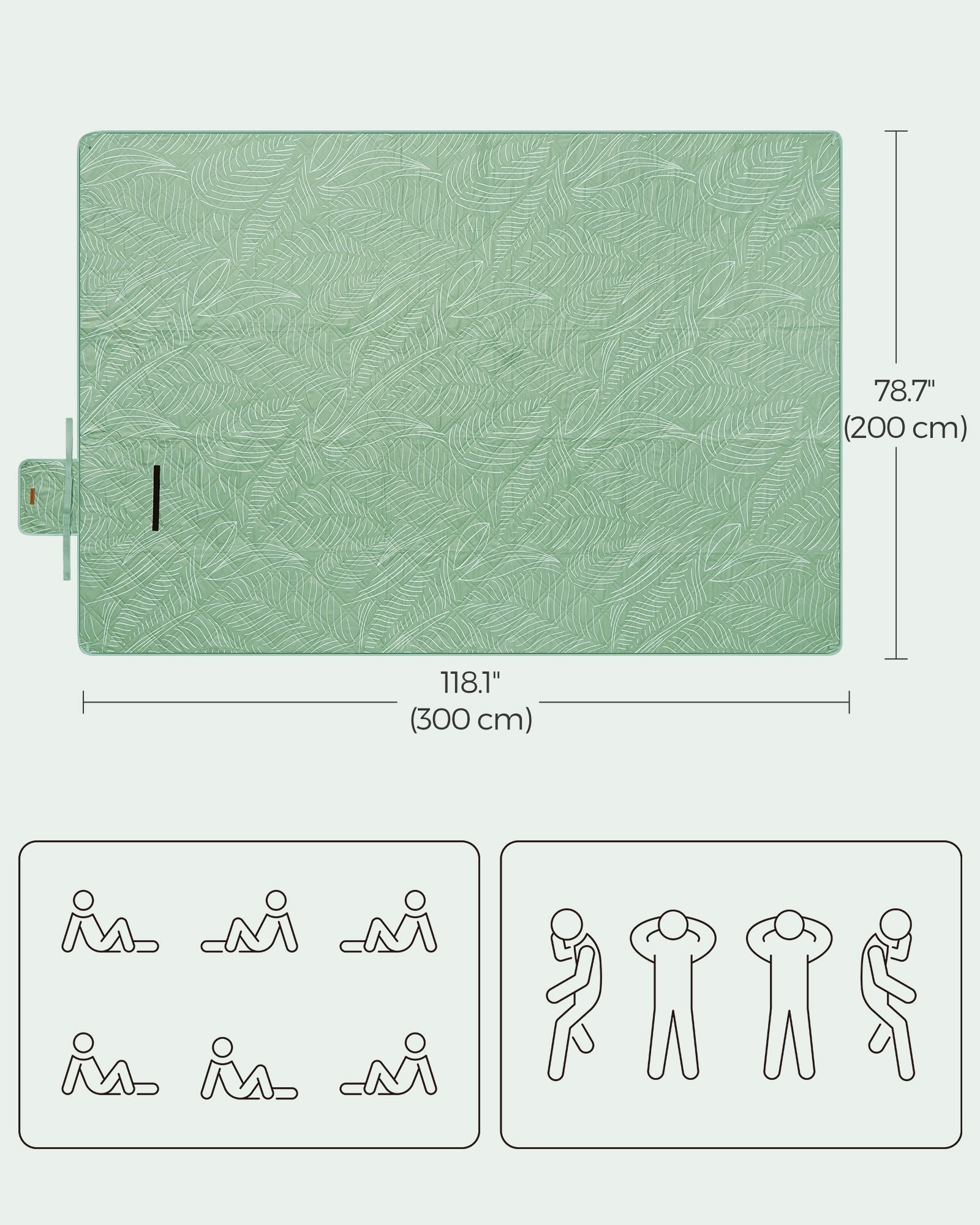 Picnic Blanket - 300 x 200 cm - Fabric - Mint Green with Leaf Pattern