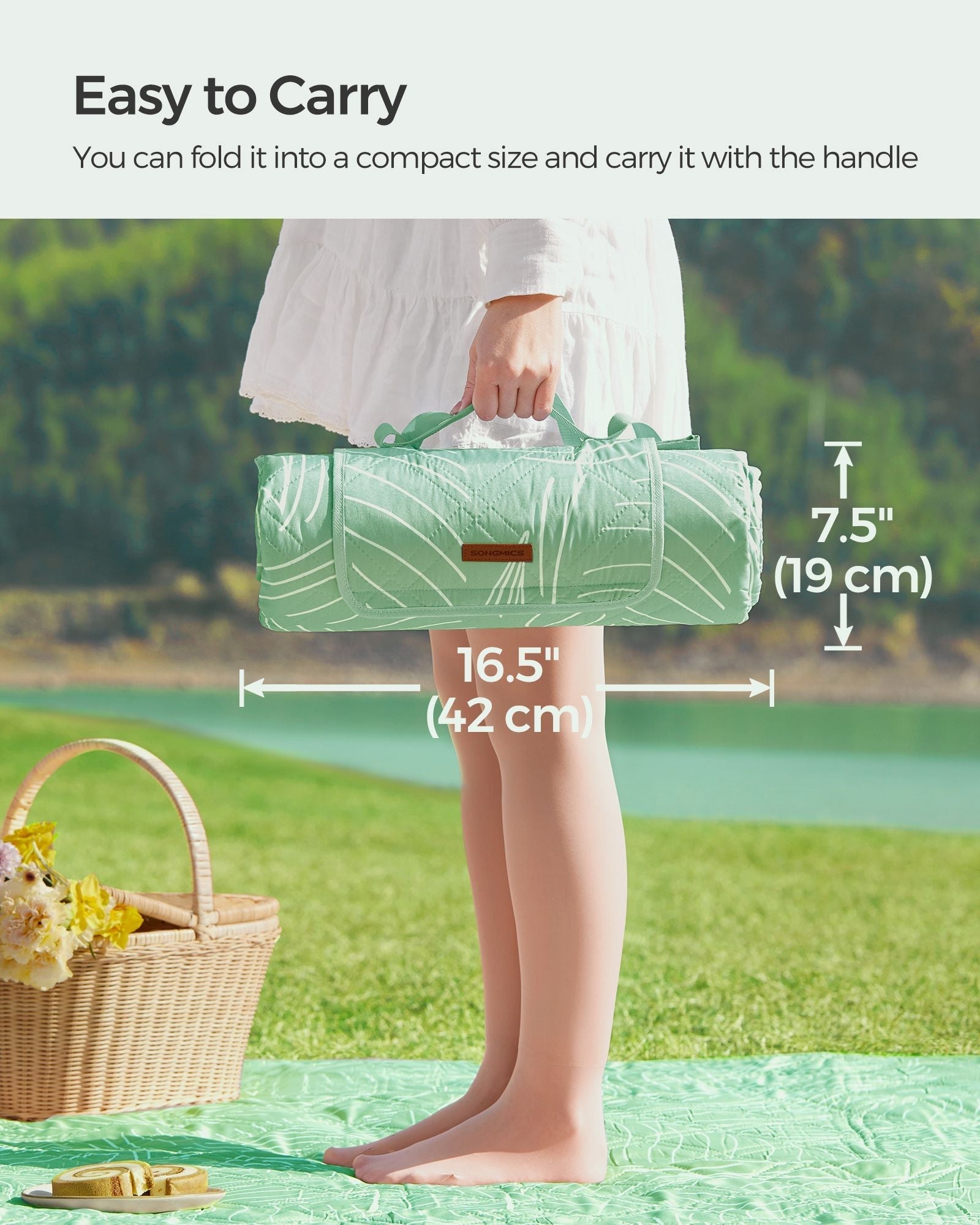 Picnic Blanket - 300 x 200 cm - Fabric - Mint Green with Leaf Pattern