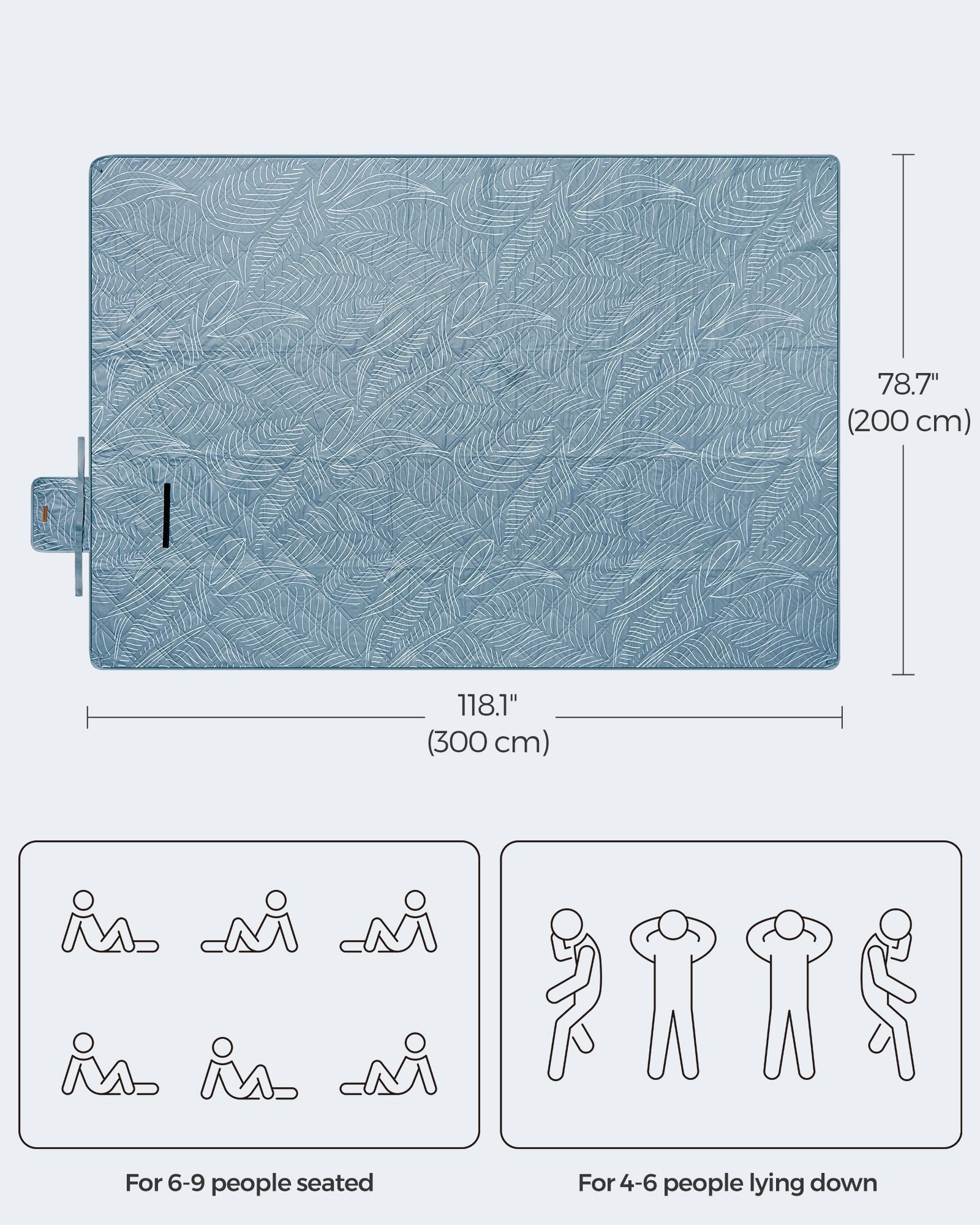 Picnic Blanket - Fabric - Light Blue with Leaf Pattern - Generously Sized 300 x 200 cm