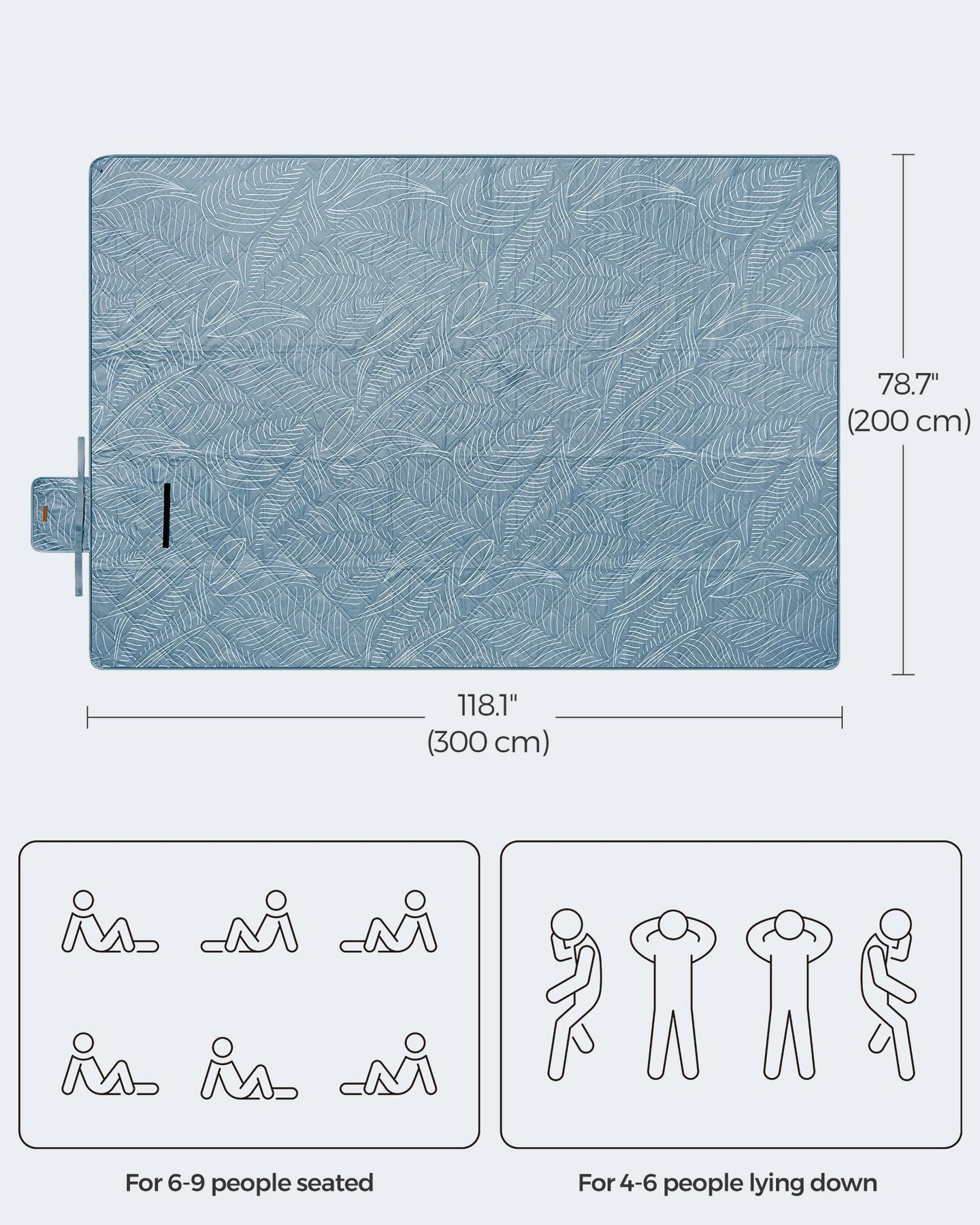 Picnic Blanket - Fabric - Light Blue with Leaf Pattern - Generously Sized 300 x 200 cm