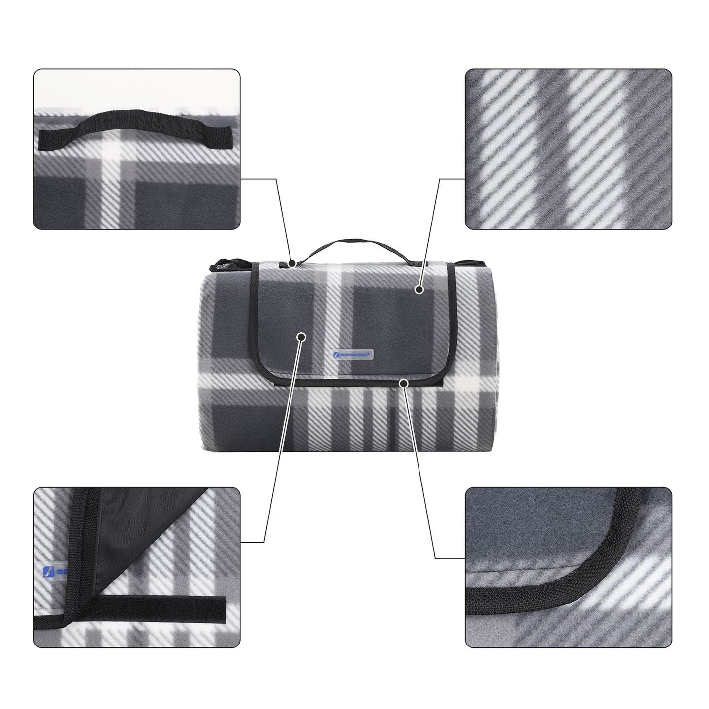 Picnic Blanket - Fabric - Grey and White - Large Waterproof Outdoor Mat