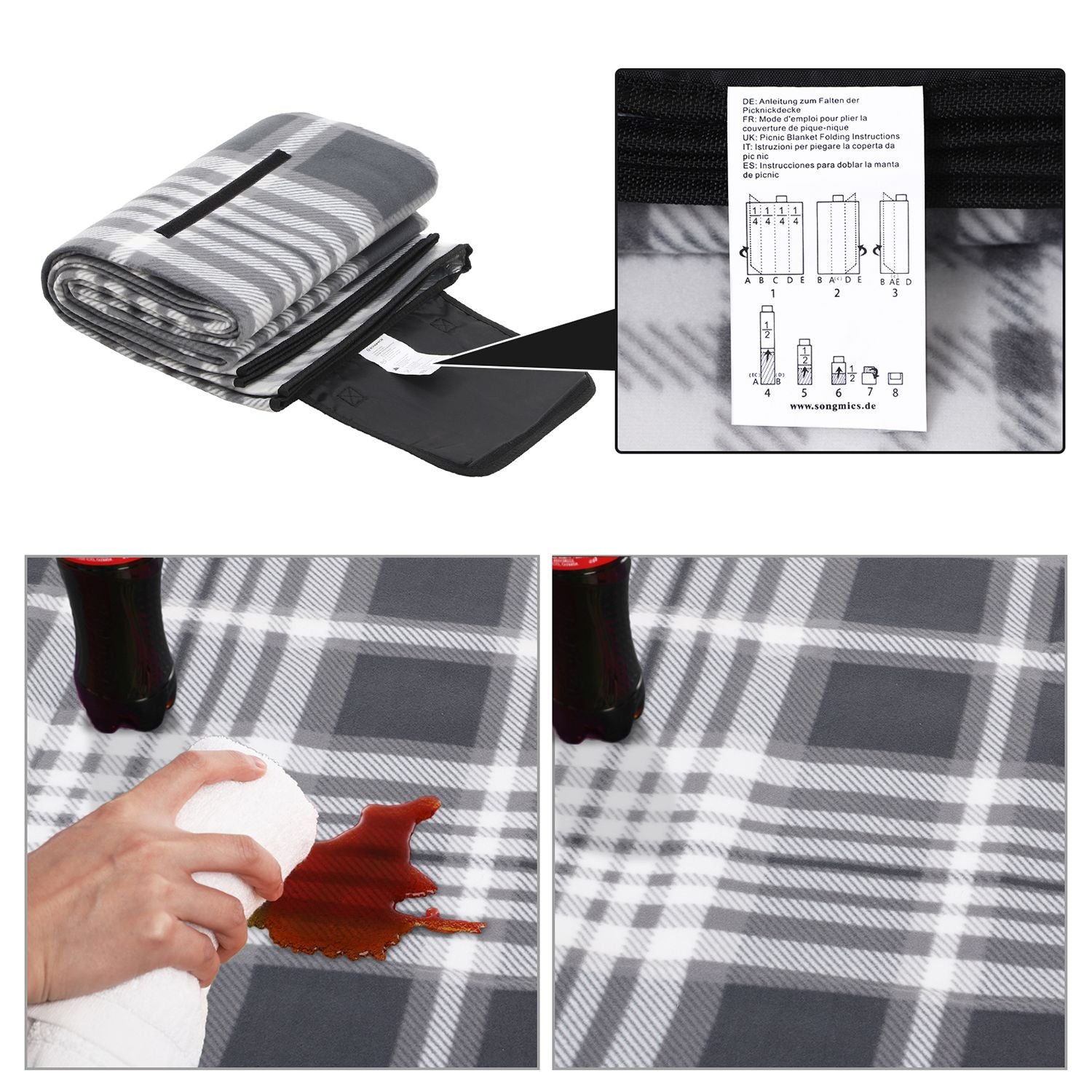 Picnic Blanket - Fabric - Grey and White - Large Waterproof Outdoor Mat