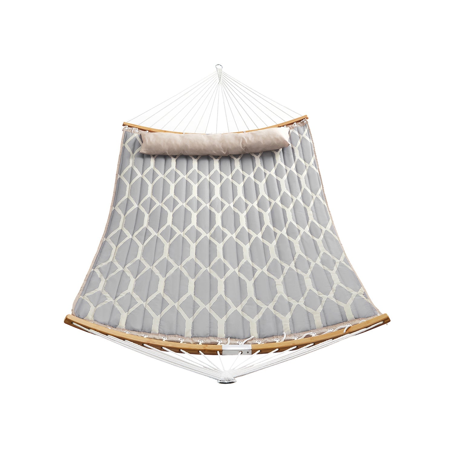 Quilted Fabric Hammock - Bamboo - Grey and Beige - Detachable Curved Spreaders and Pillow