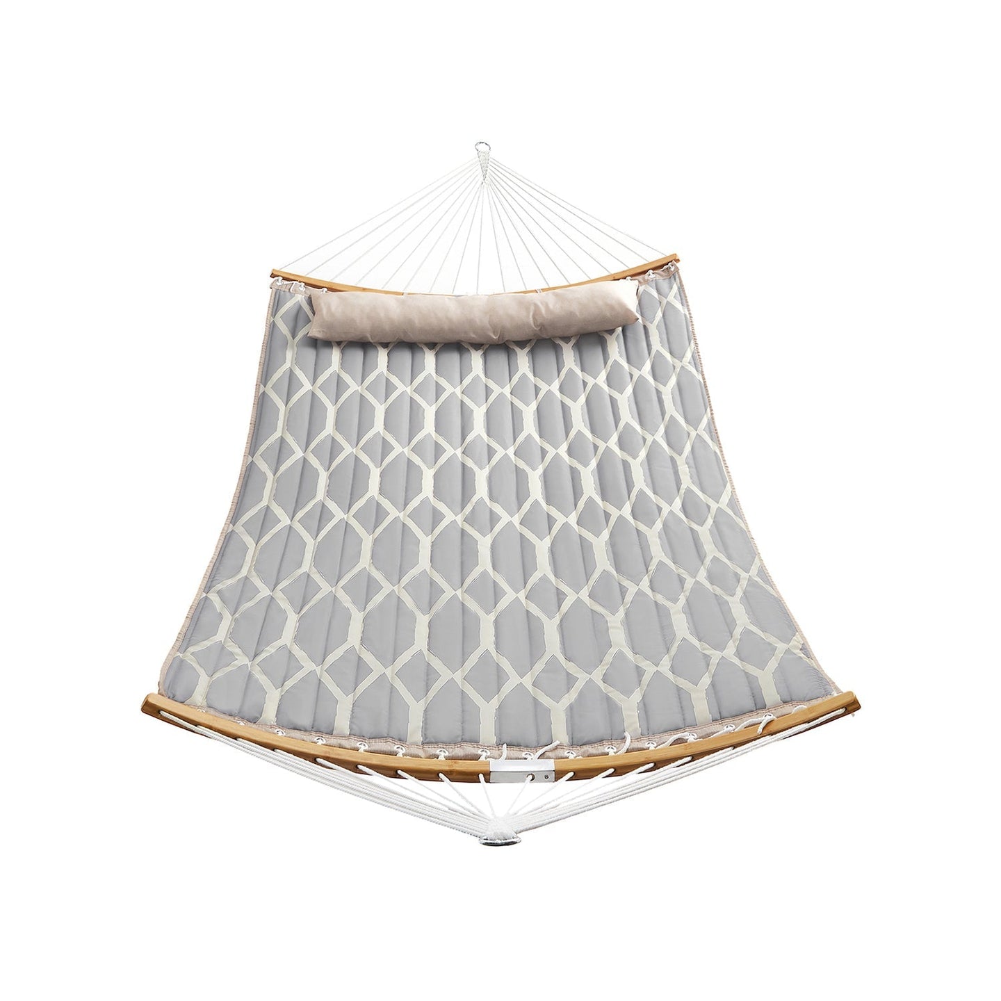 Quilted Fabric Hammock - Bamboo - Grey and Beige - Detachable Curved Spreaders and Pillow