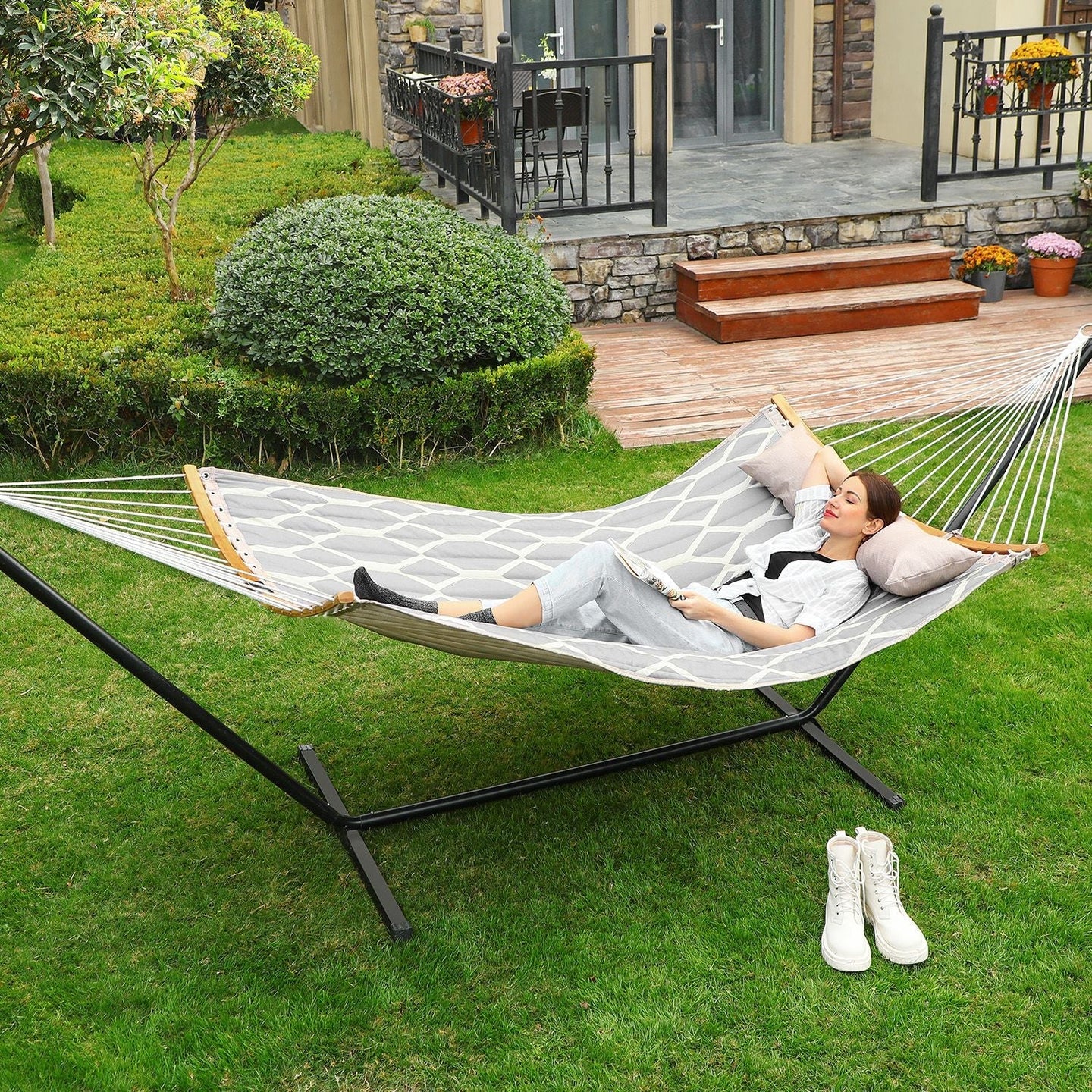 Quilted Fabric Hammock - Bamboo - Grey and Beige - Detachable Curved Spreaders and Pillow