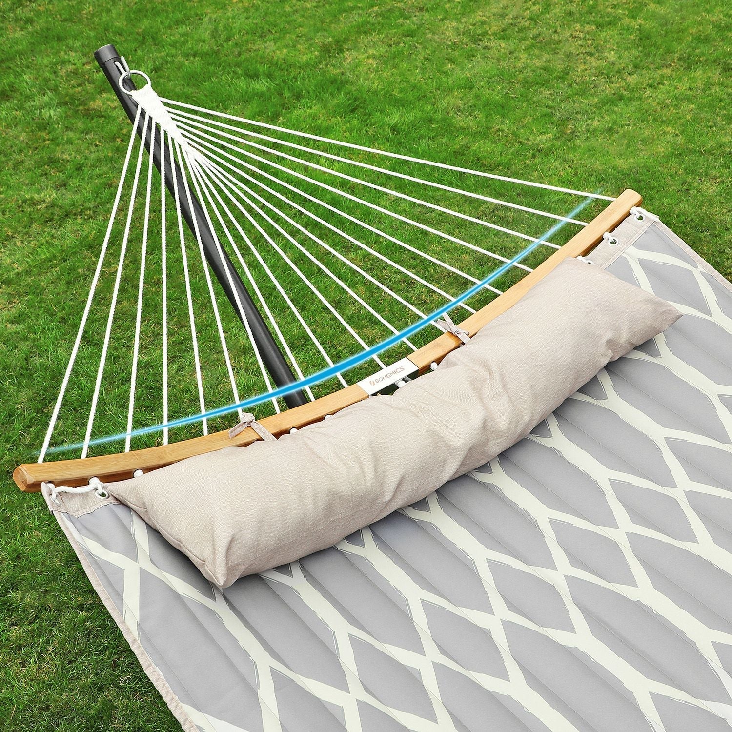 Quilted Fabric Hammock - Bamboo - Grey and Beige - Detachable Curved Spreaders and Pillow