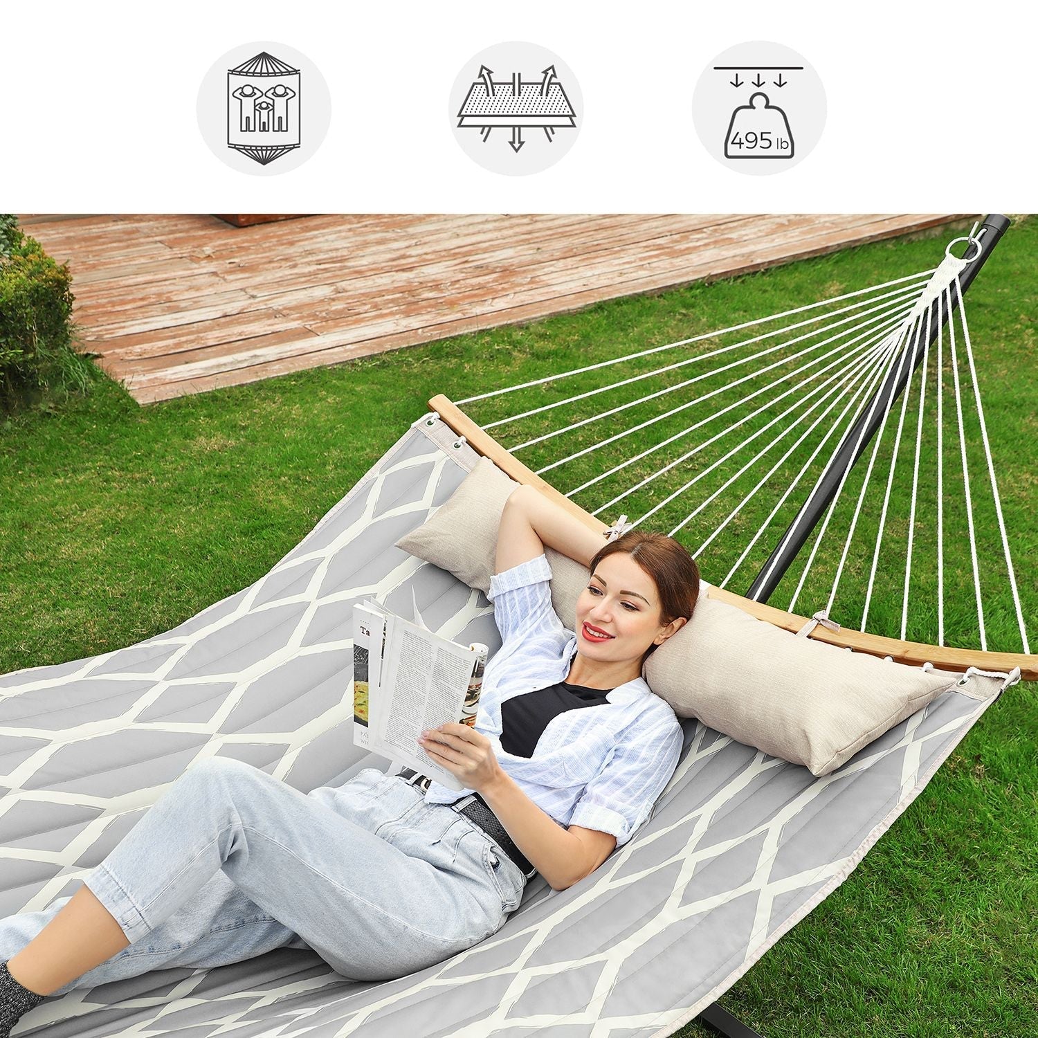 Quilted Fabric Hammock - Bamboo - Grey and Beige - Detachable Curved Spreaders and Pillow