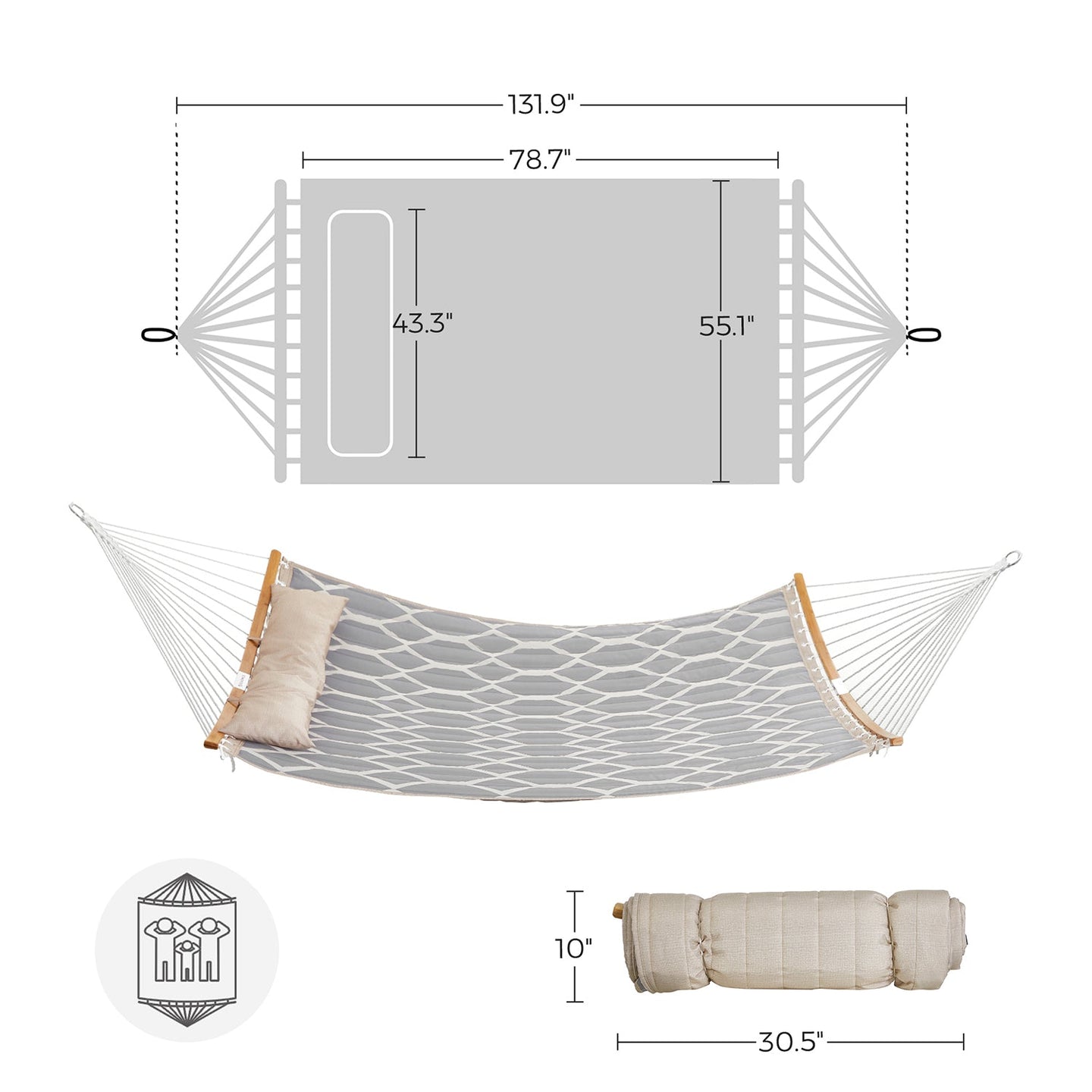 Quilted Fabric Hammock - Bamboo - Grey and Beige - Detachable Curved Spreaders and Pillow