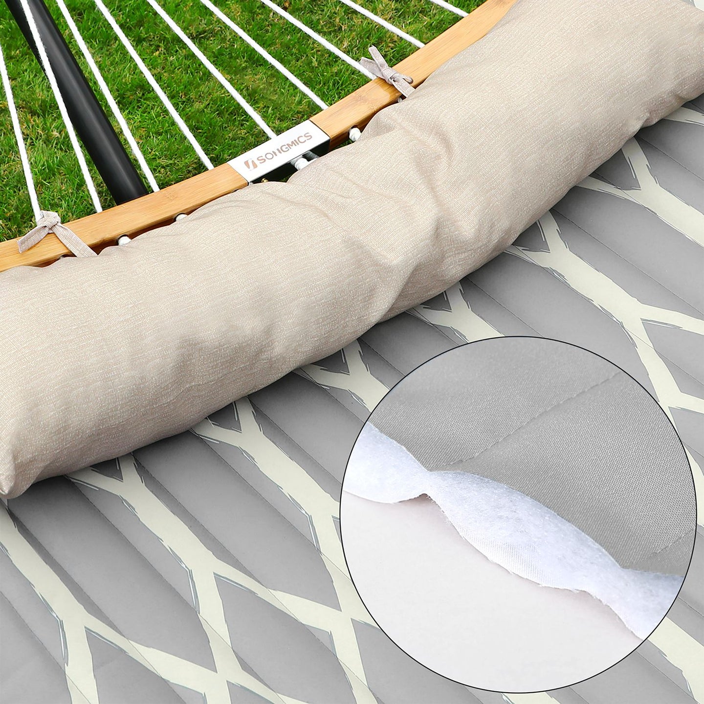 Quilted Fabric Hammock - Bamboo - Grey and Beige - Detachable Curved Spreaders and Pillow
