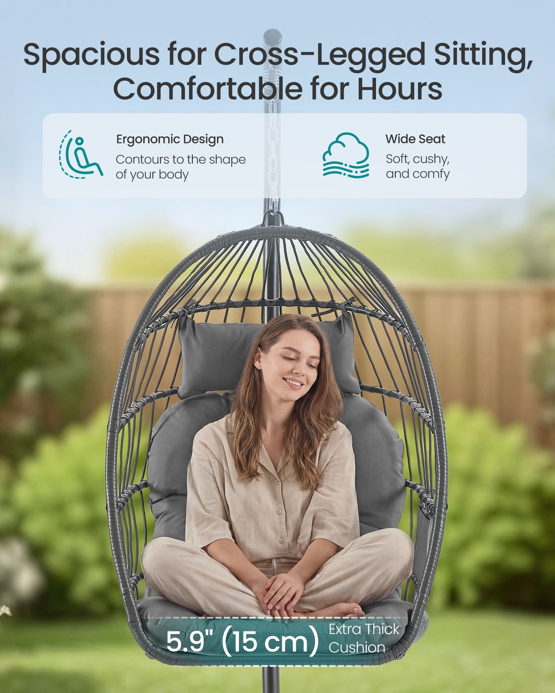 Outdoor Hanging Egg Chair - 38.6L x 40.6W x 76.8H - Steel - Foldable Basket