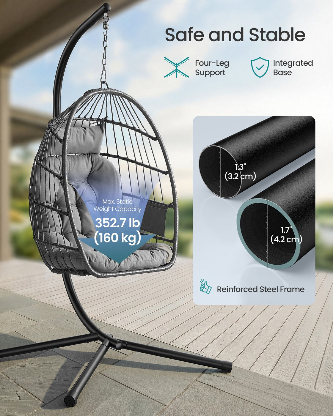 Outdoor Hanging Egg Chair - 38.6L x 40.6W x 76.8H - Steel - Foldable Basket