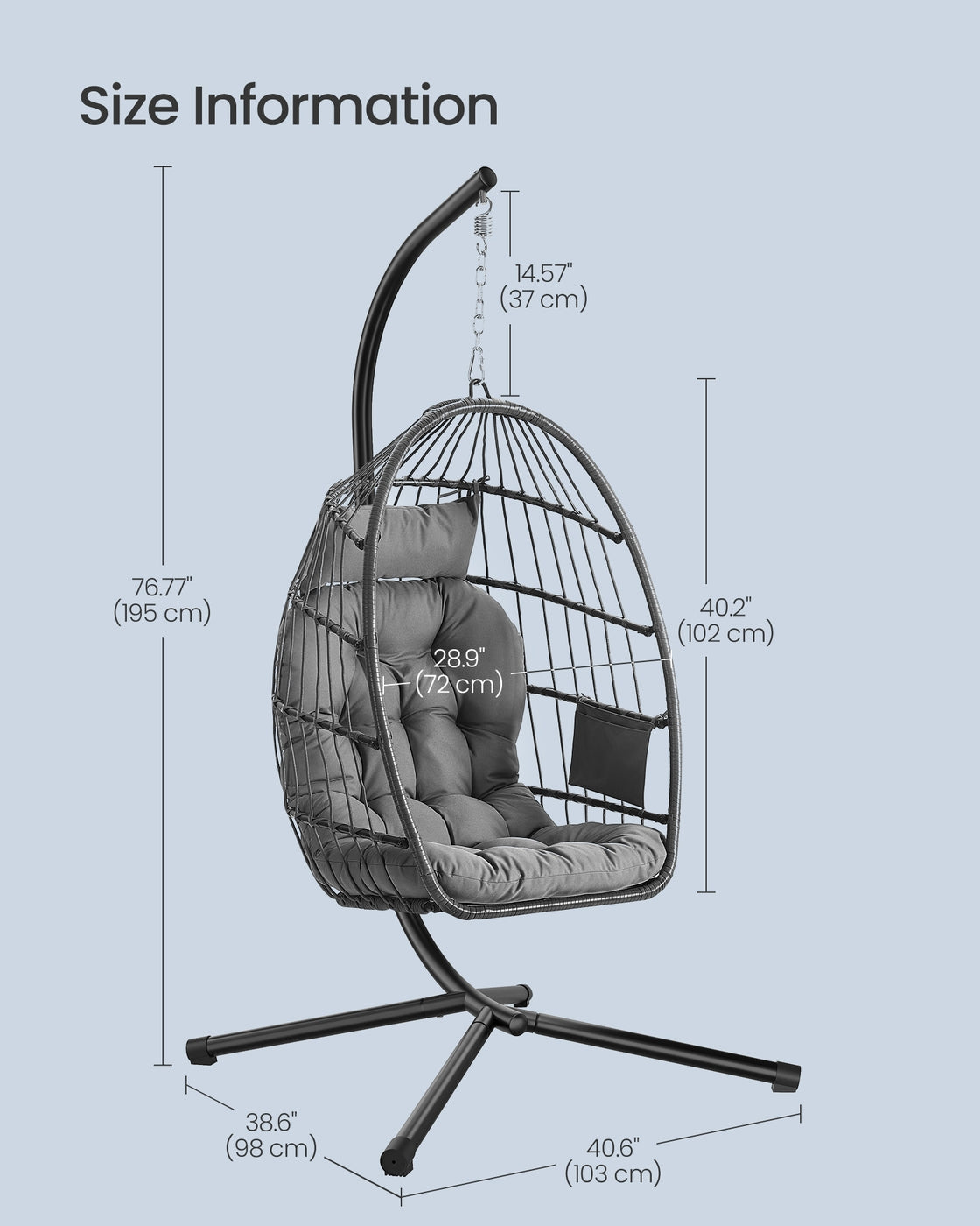 Outdoor Hanging Egg Chair - 38.6L x 40.6W x 76.8H - Steel - Foldable Basket