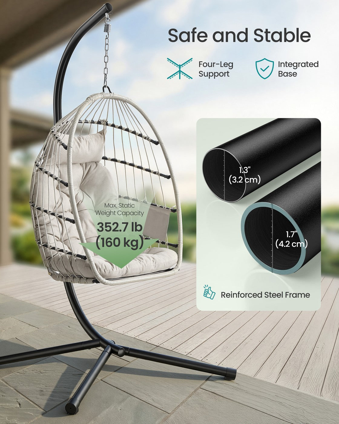 Outdoor Hanging Egg Chair - 1 Seater - Steel - Foldable Basket