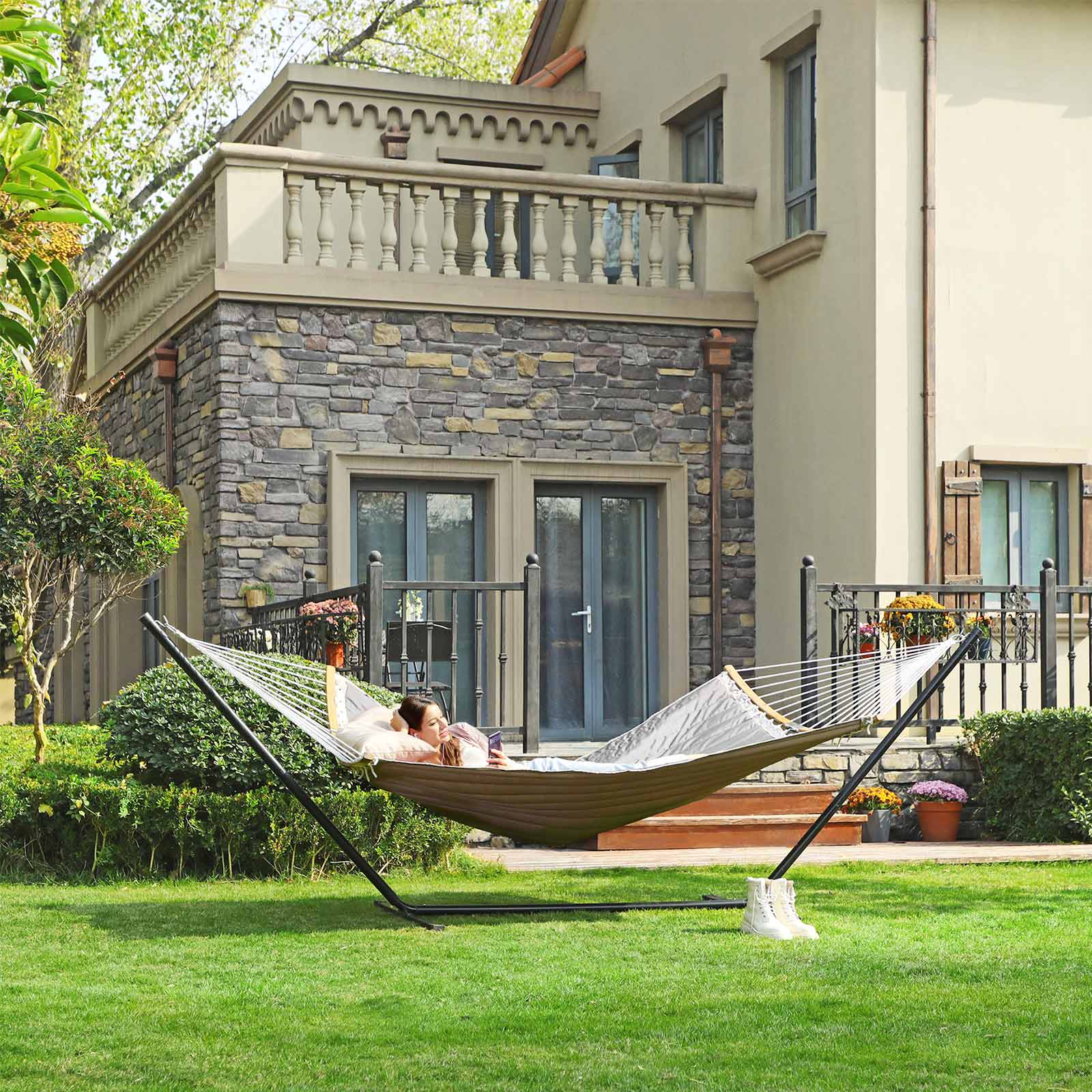 Double Hammock - Oxford Fabric - Gray - Padded with Detachable Bamboo Spreader Bars and Pillow